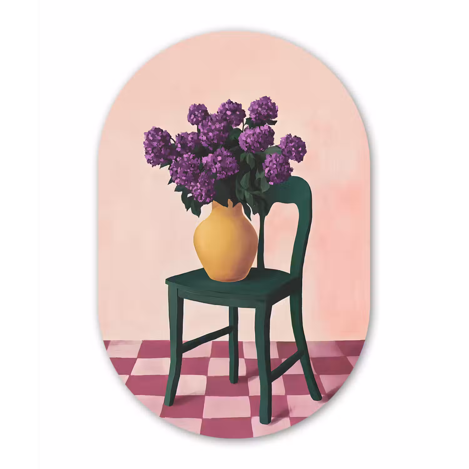 Stoel - Vaas - Bloemen - Geblokt Wandcirkel Ovaal Glas middel -3d