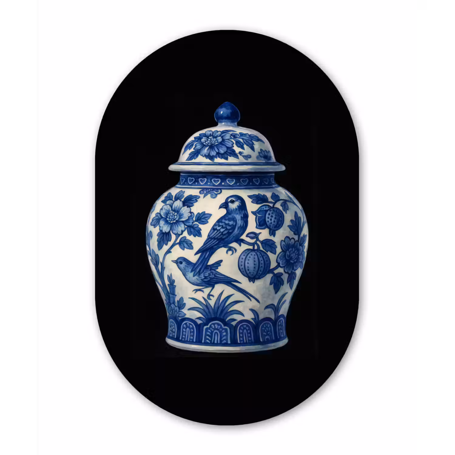 Pot - Delfts Blauw - Bloemen Wandcirkel Ovaal Glas middel -3d
