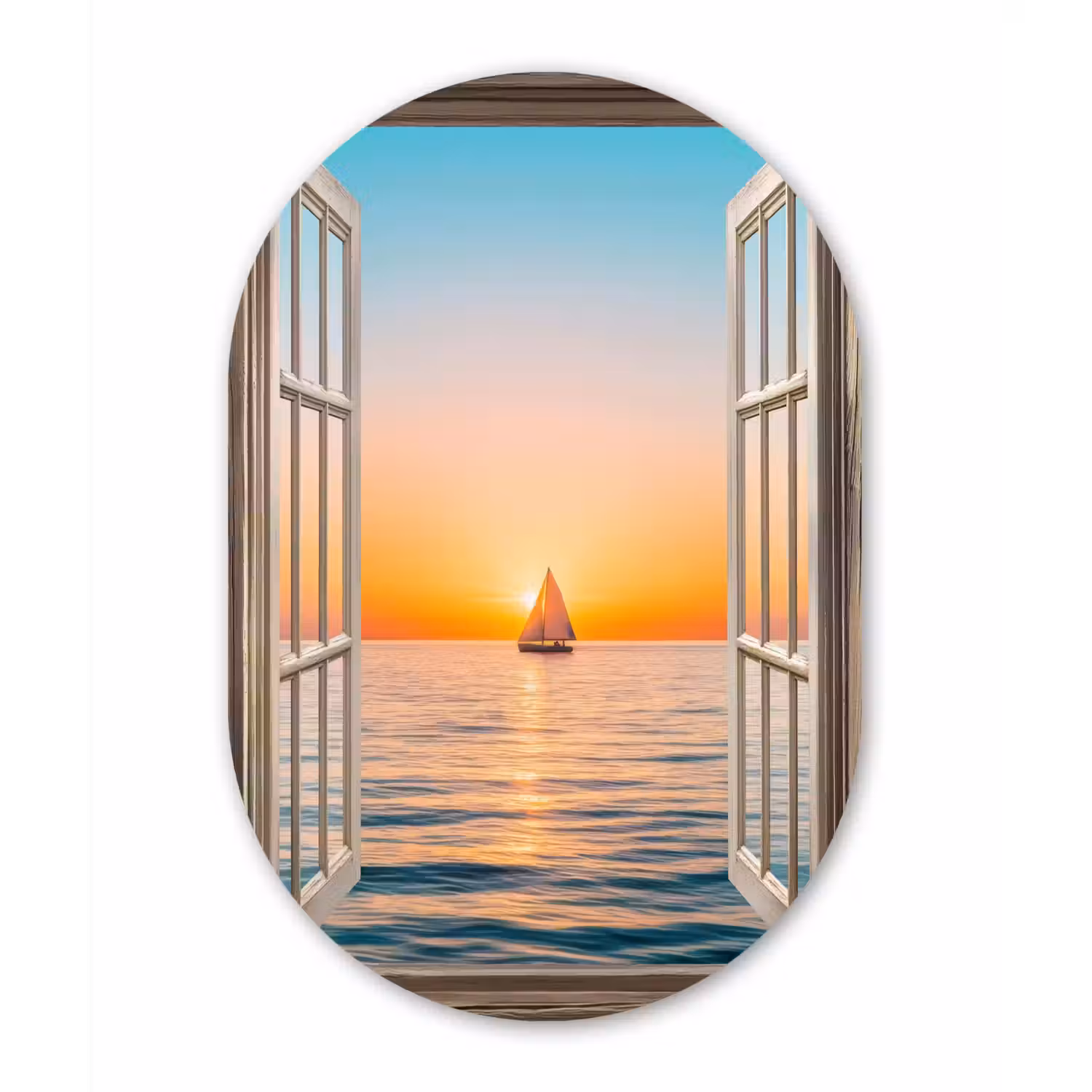 Doorkijk - Zee - Boot - Zonsondergang Wandcirkel Ovaal Glas middel -3d
