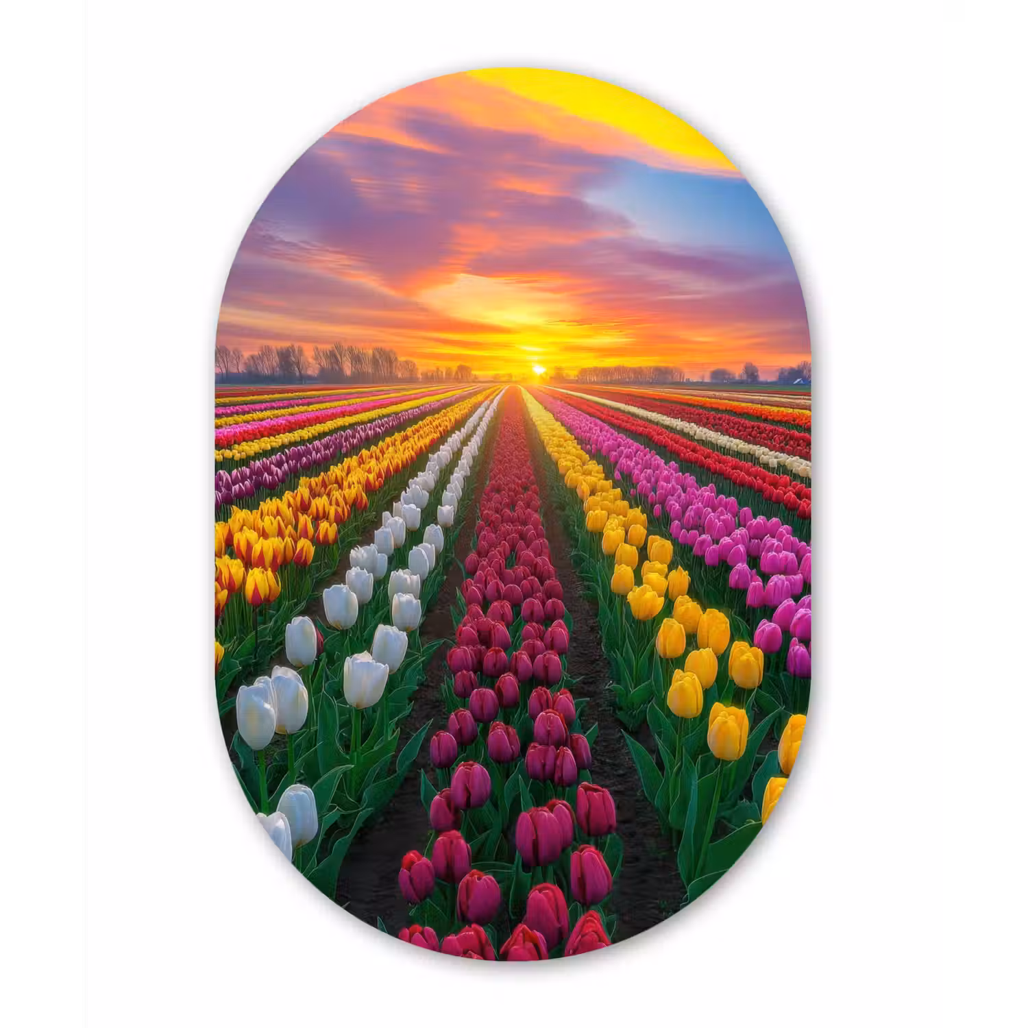 Tulpenveld - Zonsondergang - Kleurrijk Wandcirkel Ovaal Glas middel -3d