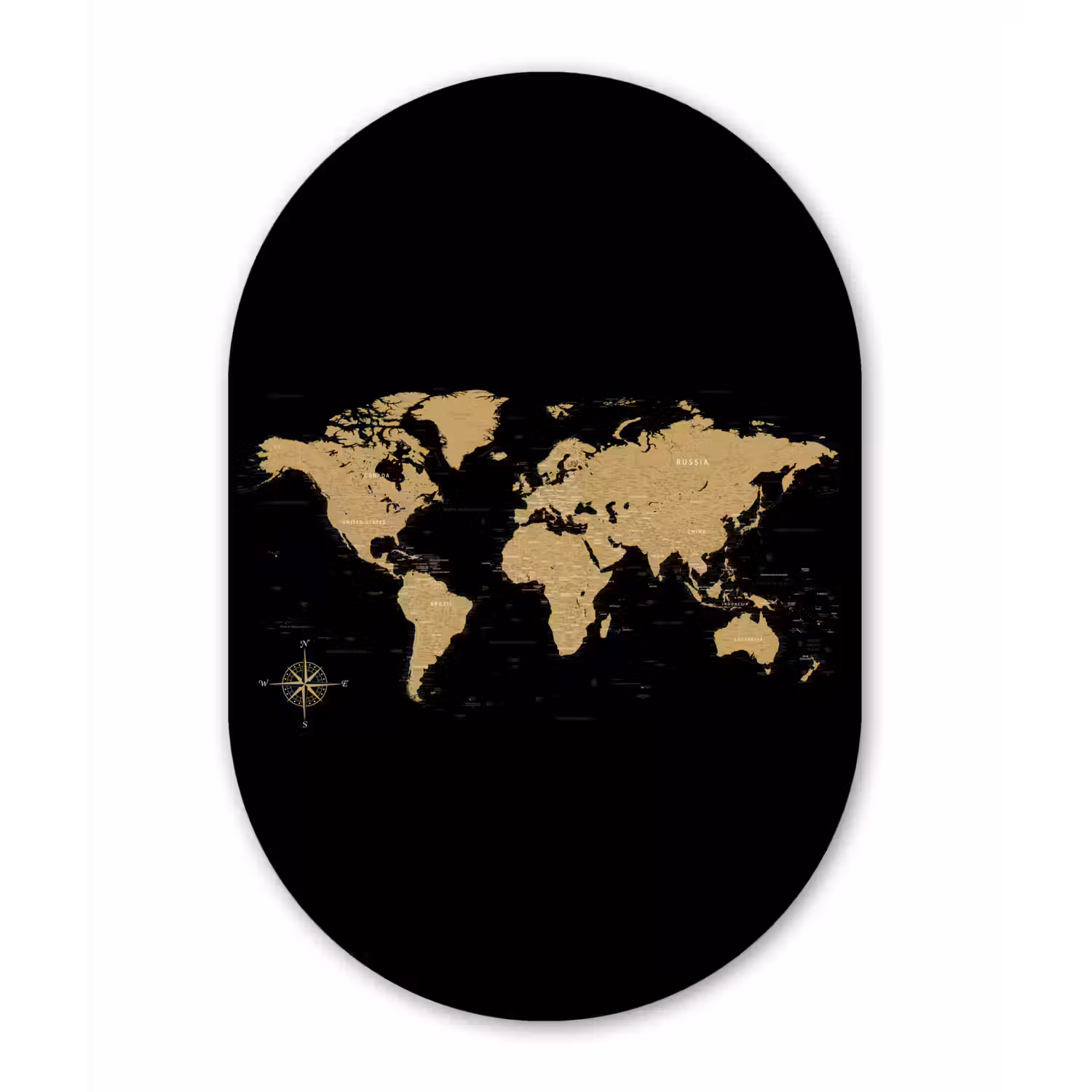Wereldkaart - Beige - Zwart Wandcirkel Ovaal Glas middel -3d