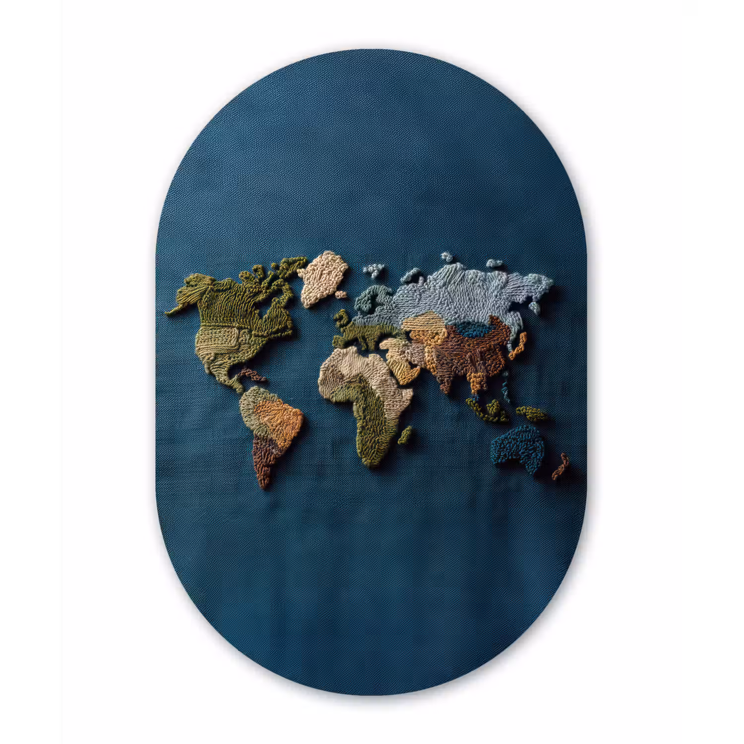 Wereldkaart - Geborduurd - Verschillende tinten Wandcirkel Ovaal Glas middel -3d