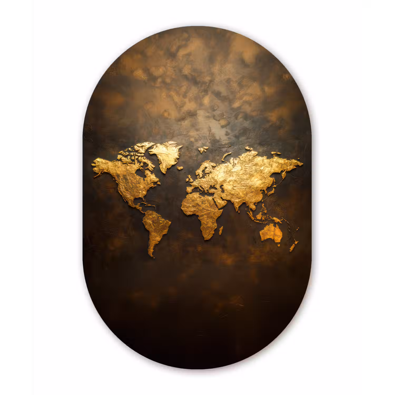 Wereldkaart - Goud - Roest Wandcirkel Ovaal Glas middel -3d