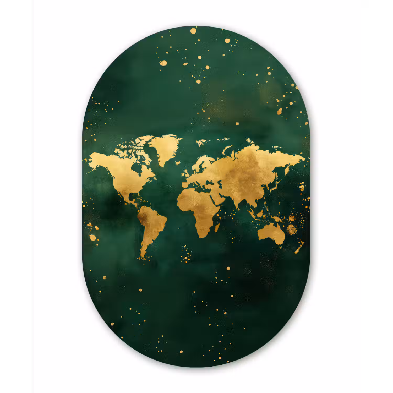 Wereldkaart - Groen - Goud Wandcirkel Ovaal Glas middel -3d
