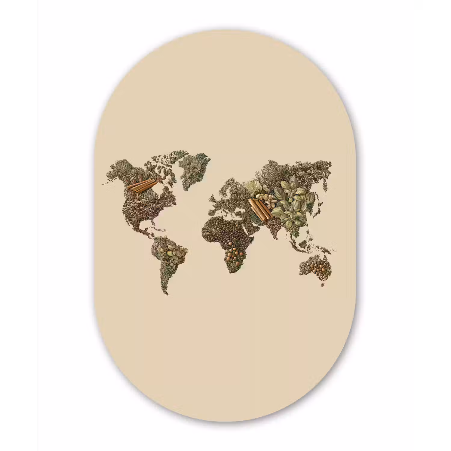 Wereldkaart - Kruiden - Kleurrijk Wandcirkel Ovaal Glas middel -3d