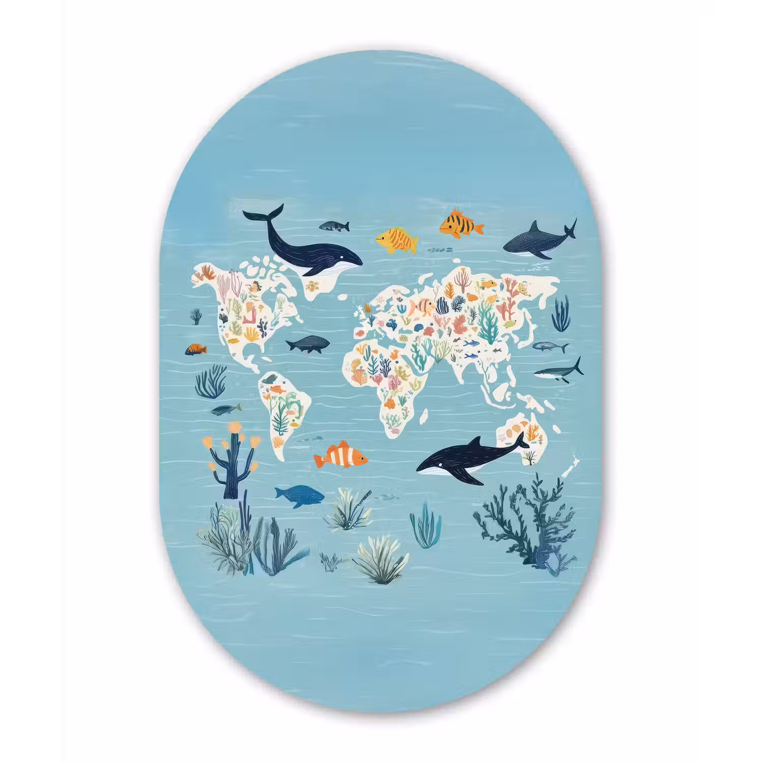 Wereldkaart - Zeeleven - Blauw Wandcirkel Ovaal Glas middel -3d