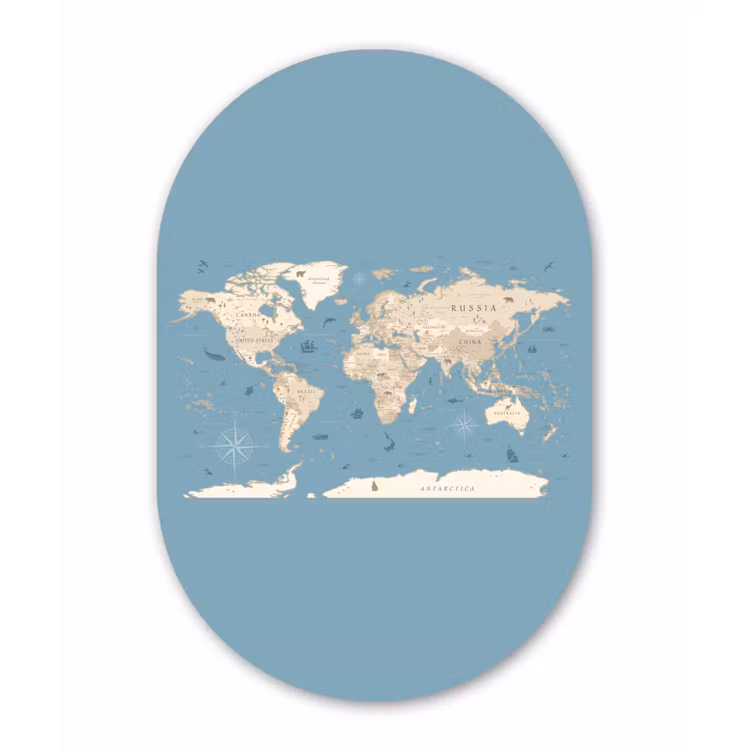 Wereldkaart - Oceaan - Realistisch - Blauw Wandcirkel Ovaal Glas middel -3d