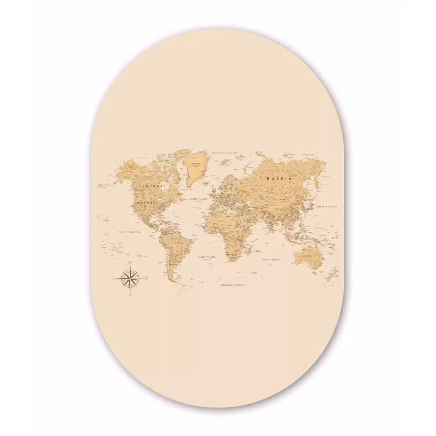 Wereldkaart - Realistisch - Beige Wandcirkel Ovaal Glas middel -3d