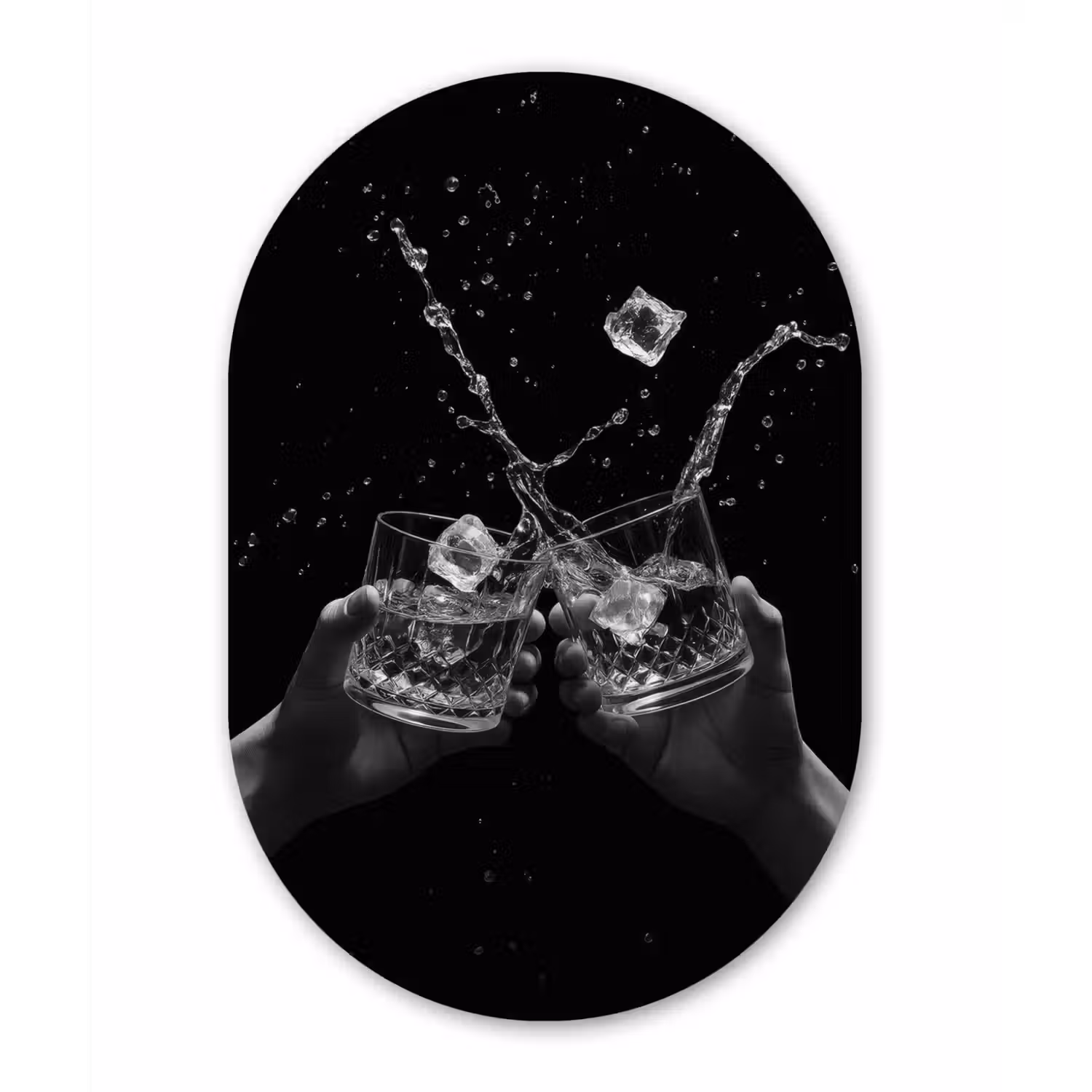 Whiskyglazen - Ijs - Spetters - Zwart Wandcirkel Ovaal Glas middel -3d
