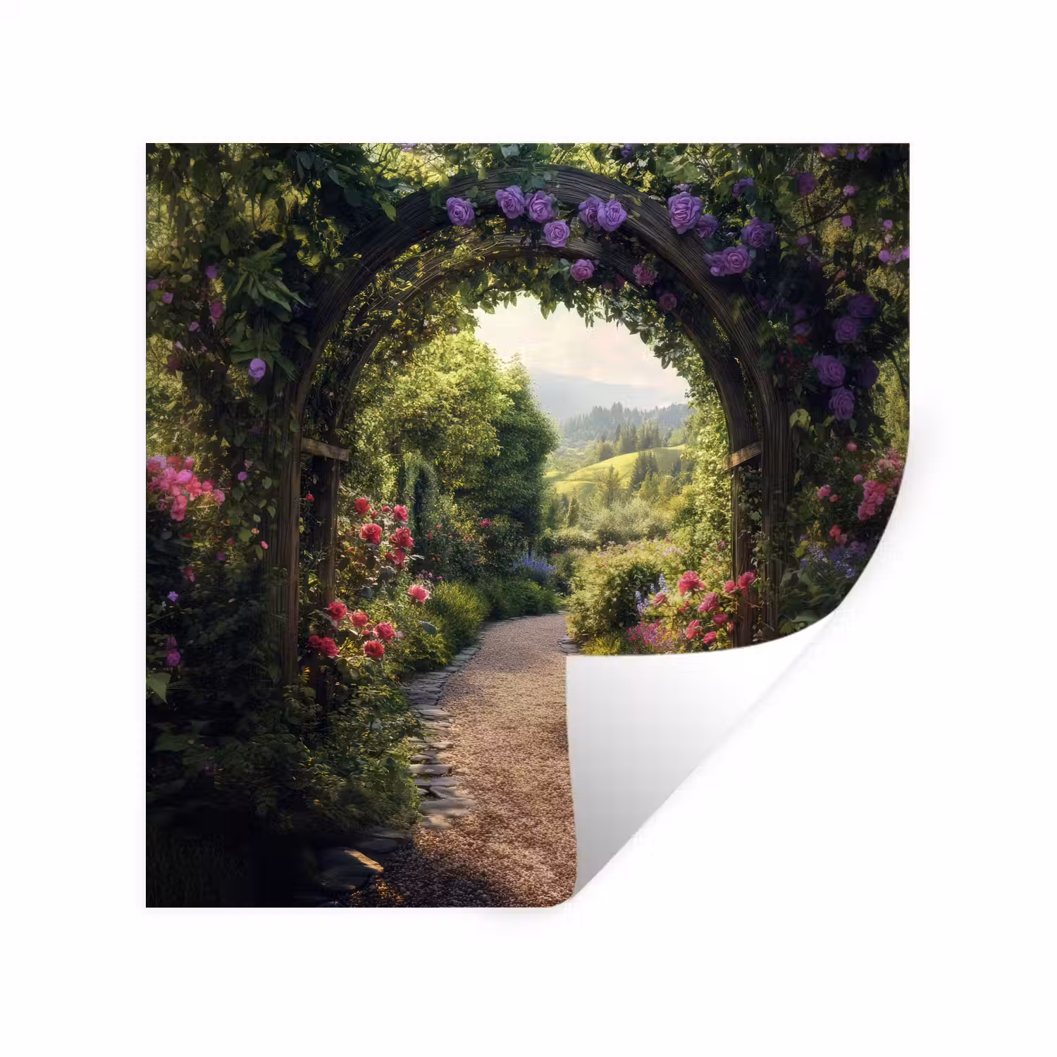 Doorkijk - Landschap - Bloemen - Tuinboog - Natuur Muursticker klein -3d
