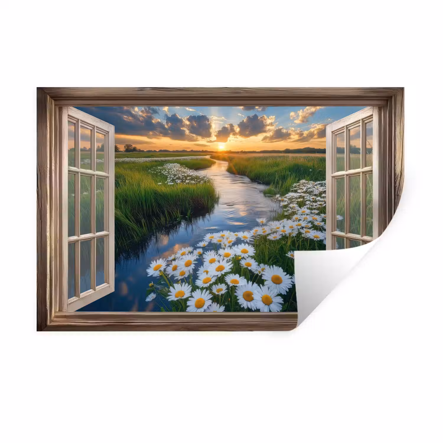 Doorkijk - Landschap - Raam - Water - Zonsondergang Muursticker klein -3d