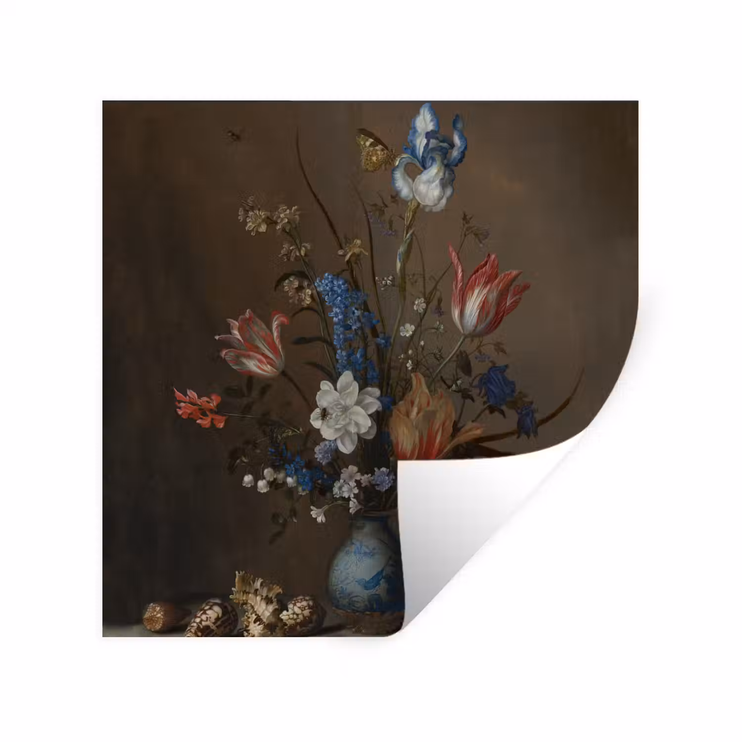 Bloemen in een Wan-Li vaas en schelpen - Schilderij van Balthasar van der Ast Muursticker klein -3d