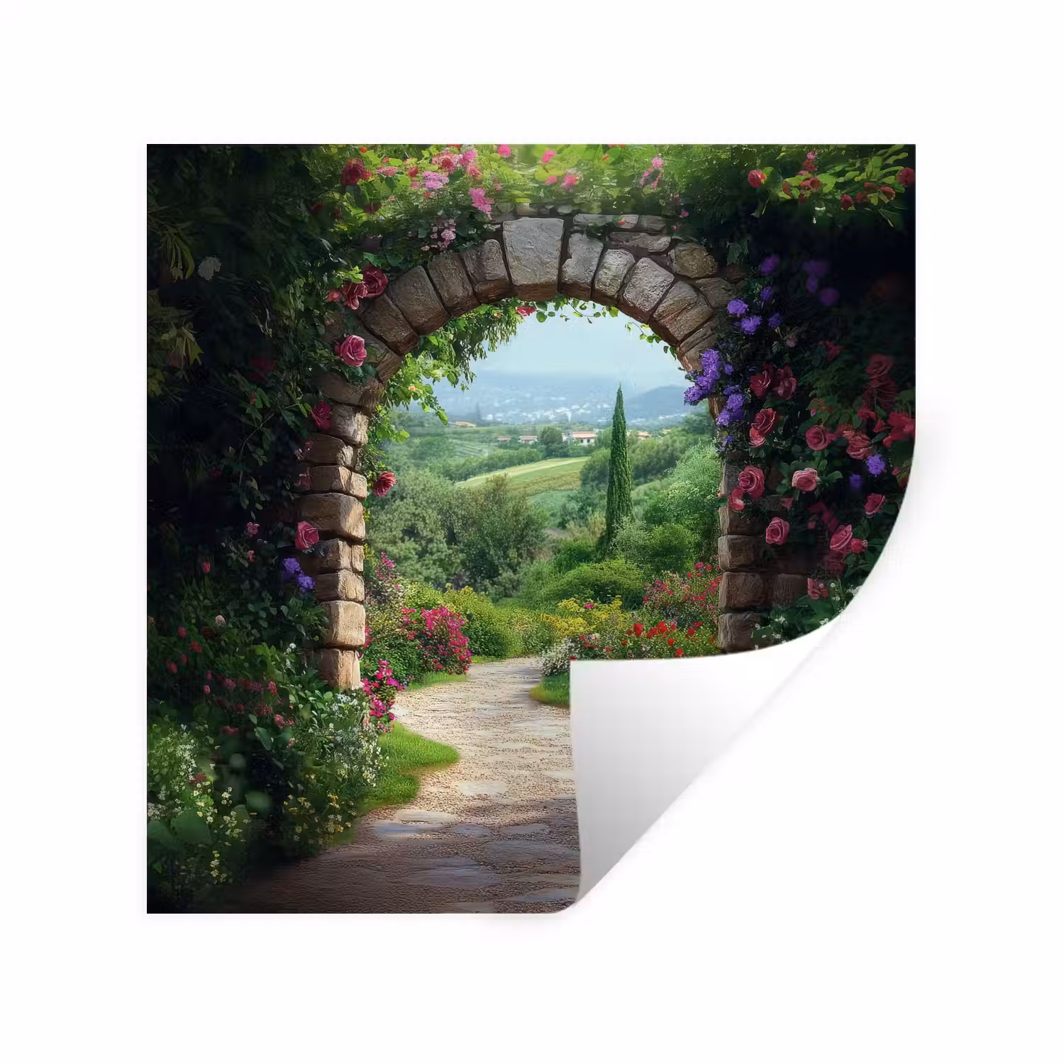 Doorkijk - Landschap - Bloemen - Pad - Uitzicht Muursticker klein -3d