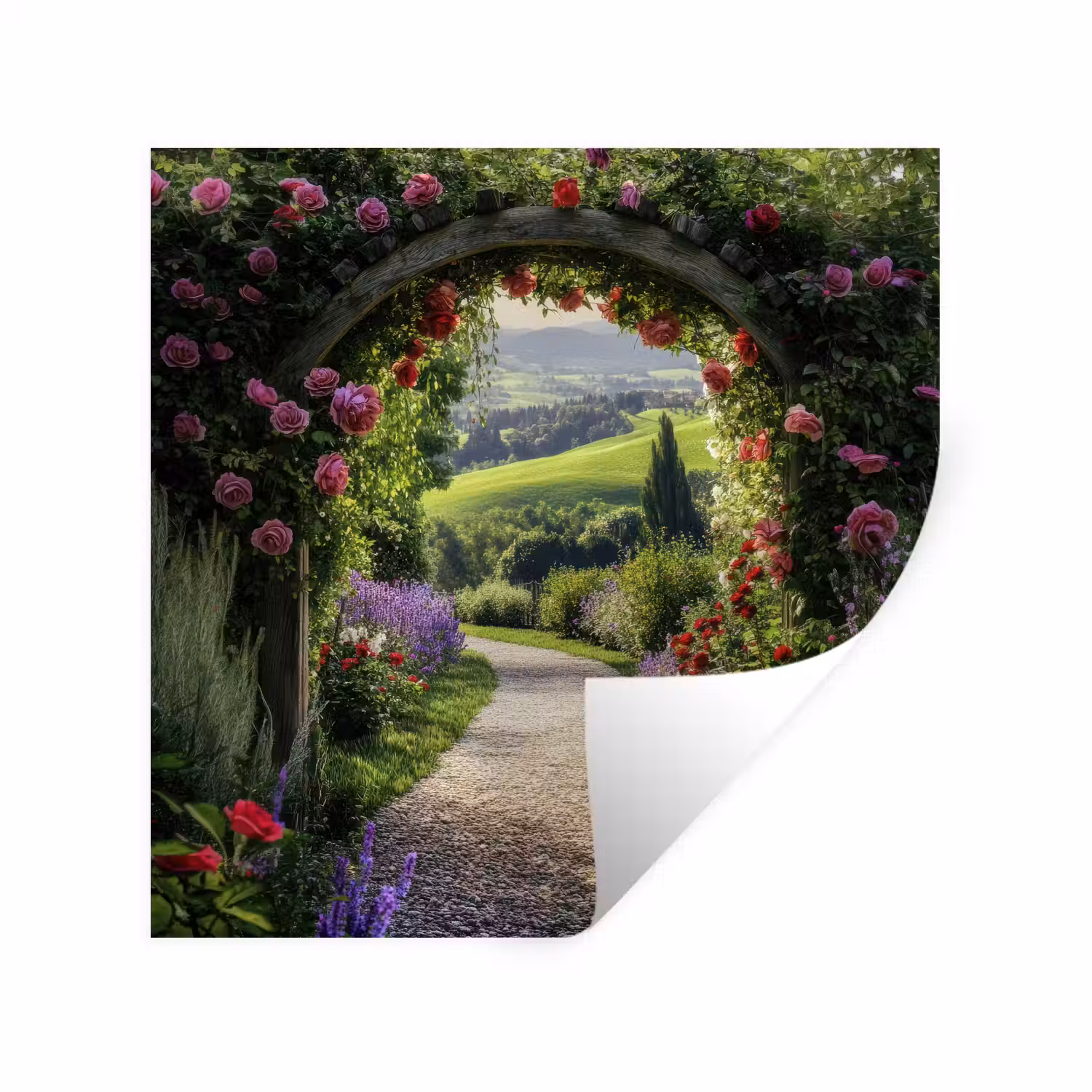 Doorkijk - Tuinboog - Bloemen - Natuur - Pad Muursticker klein -3d