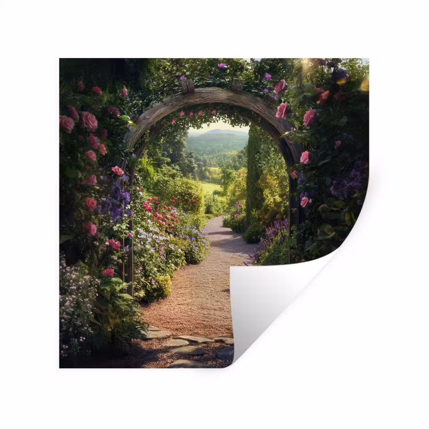 Doorkijk - Bloemen - Natuur - Rozenboog Muursticker klein -3d