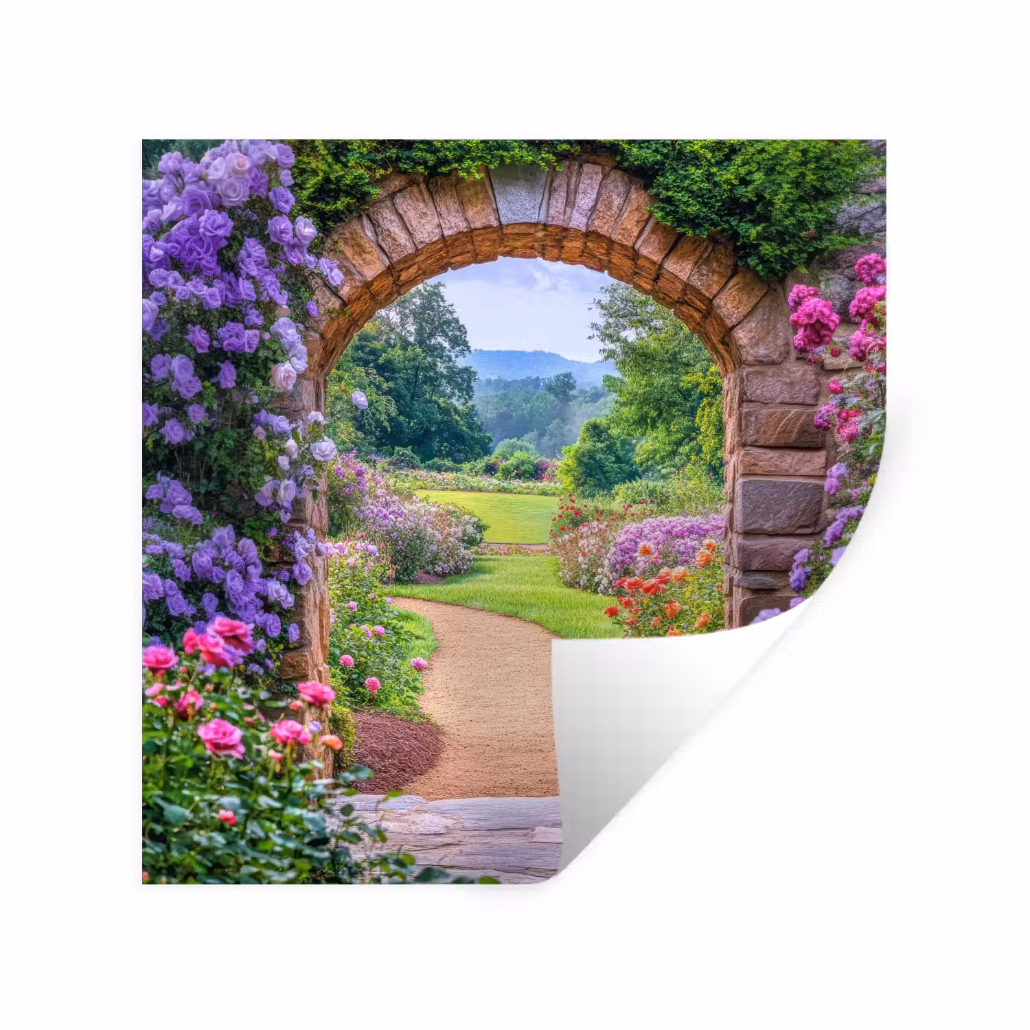 Doorkijk - Poort - Bloemen - Tuin Muursticker klein -3d