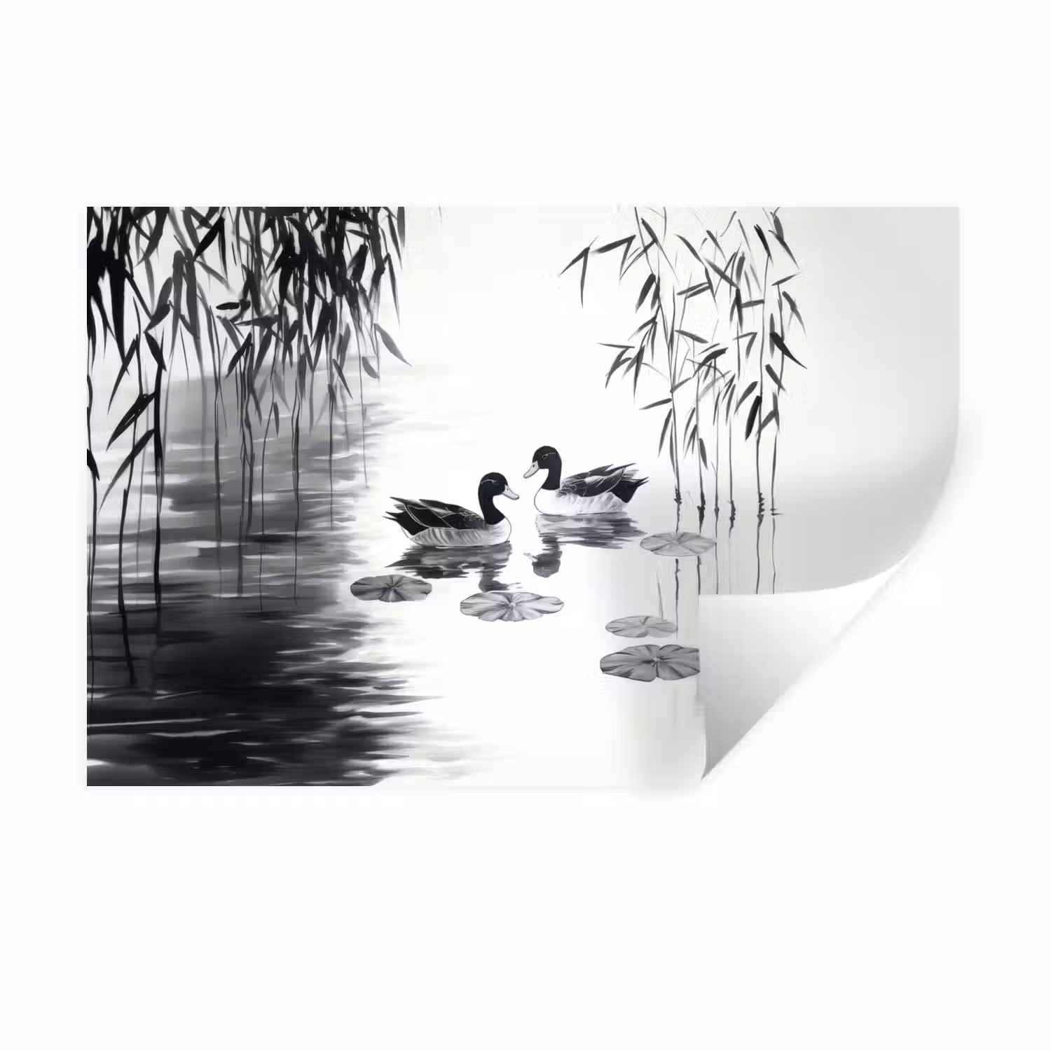 Eenden - Waterlelies - Riet - Zwart Muursticker klein -3d