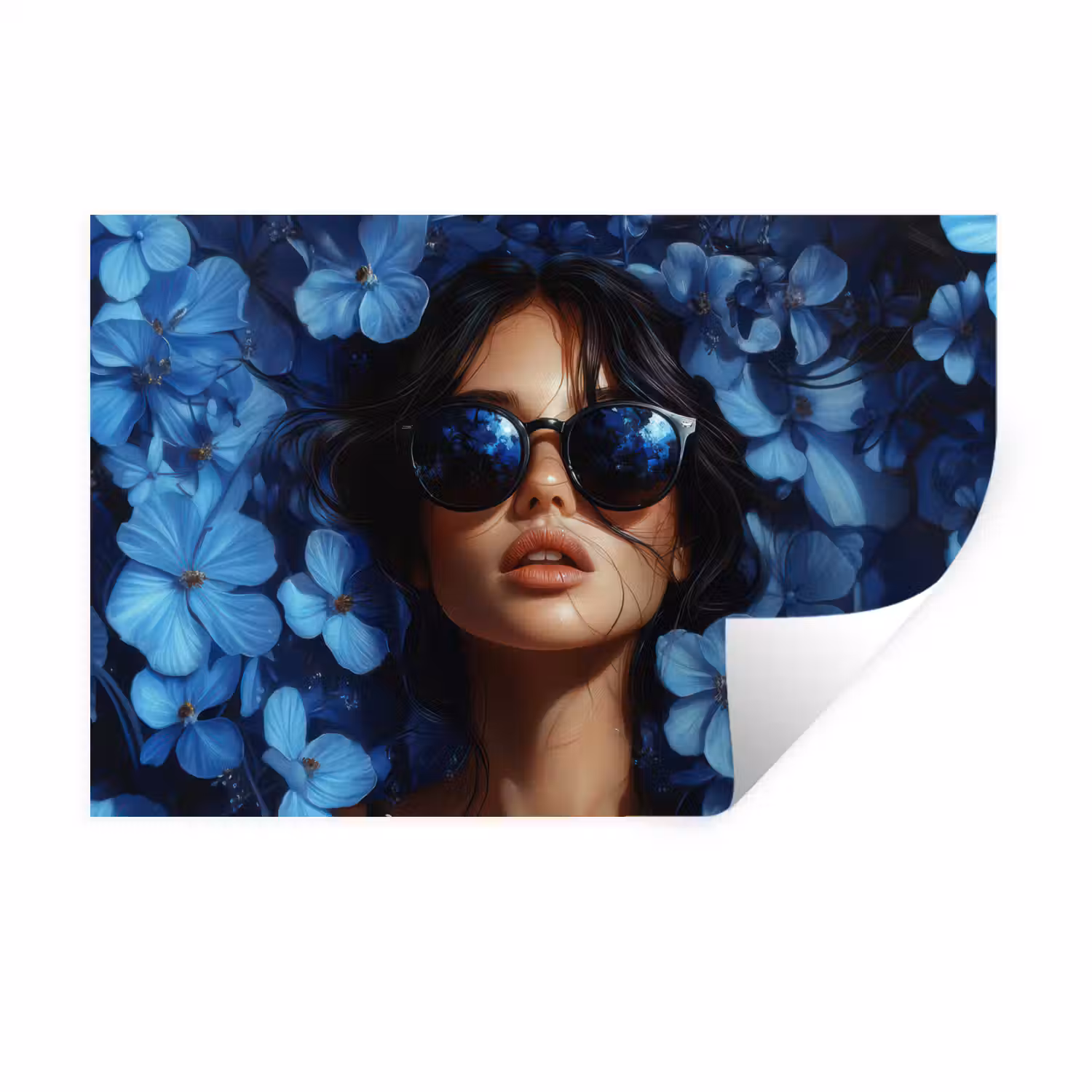 Vrouw - Blauw - Bloemen - Vlinders - Natuur Muursticker klein -3d