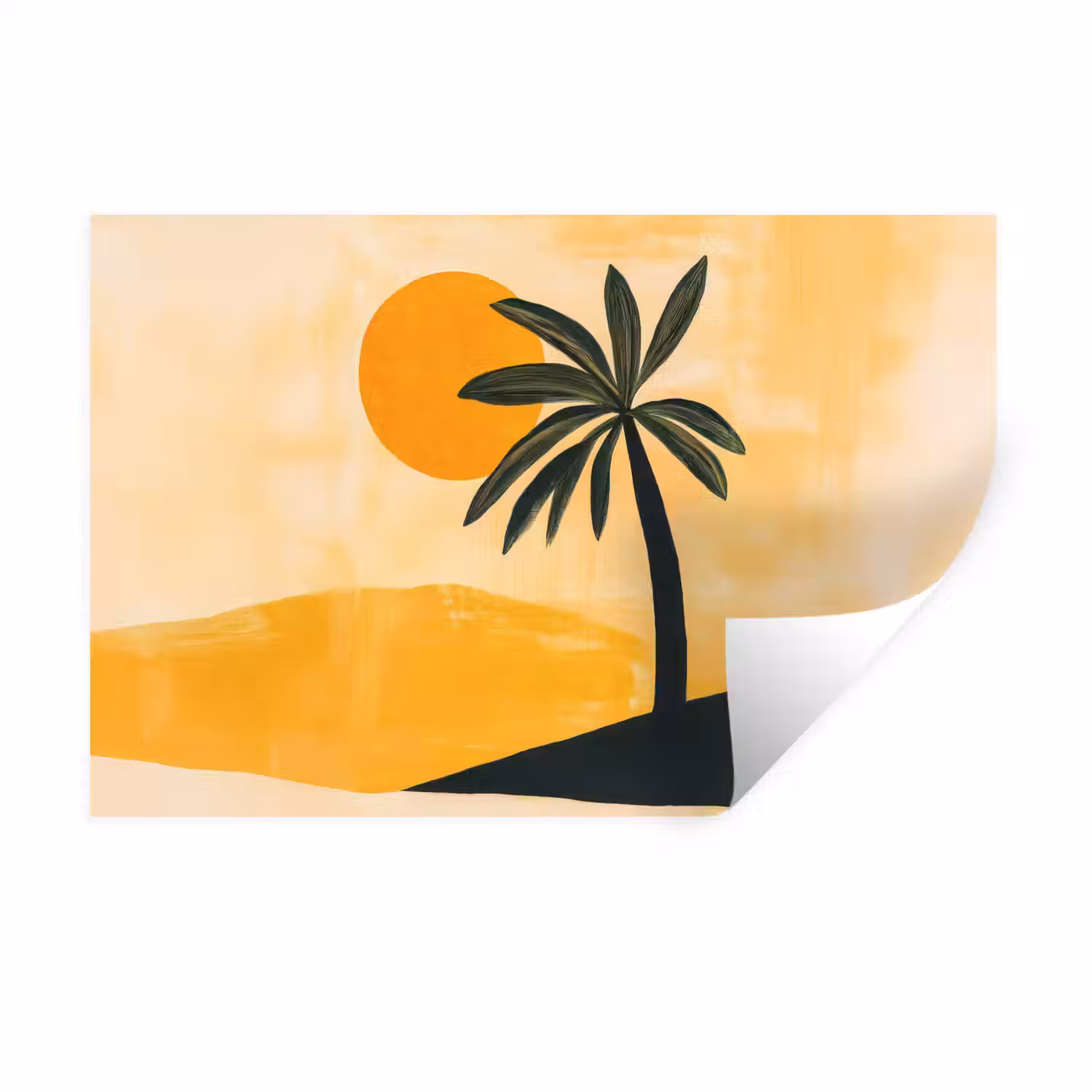 Illustratie - Palmboom - Zon - Heuvels Muursticker klein -3d