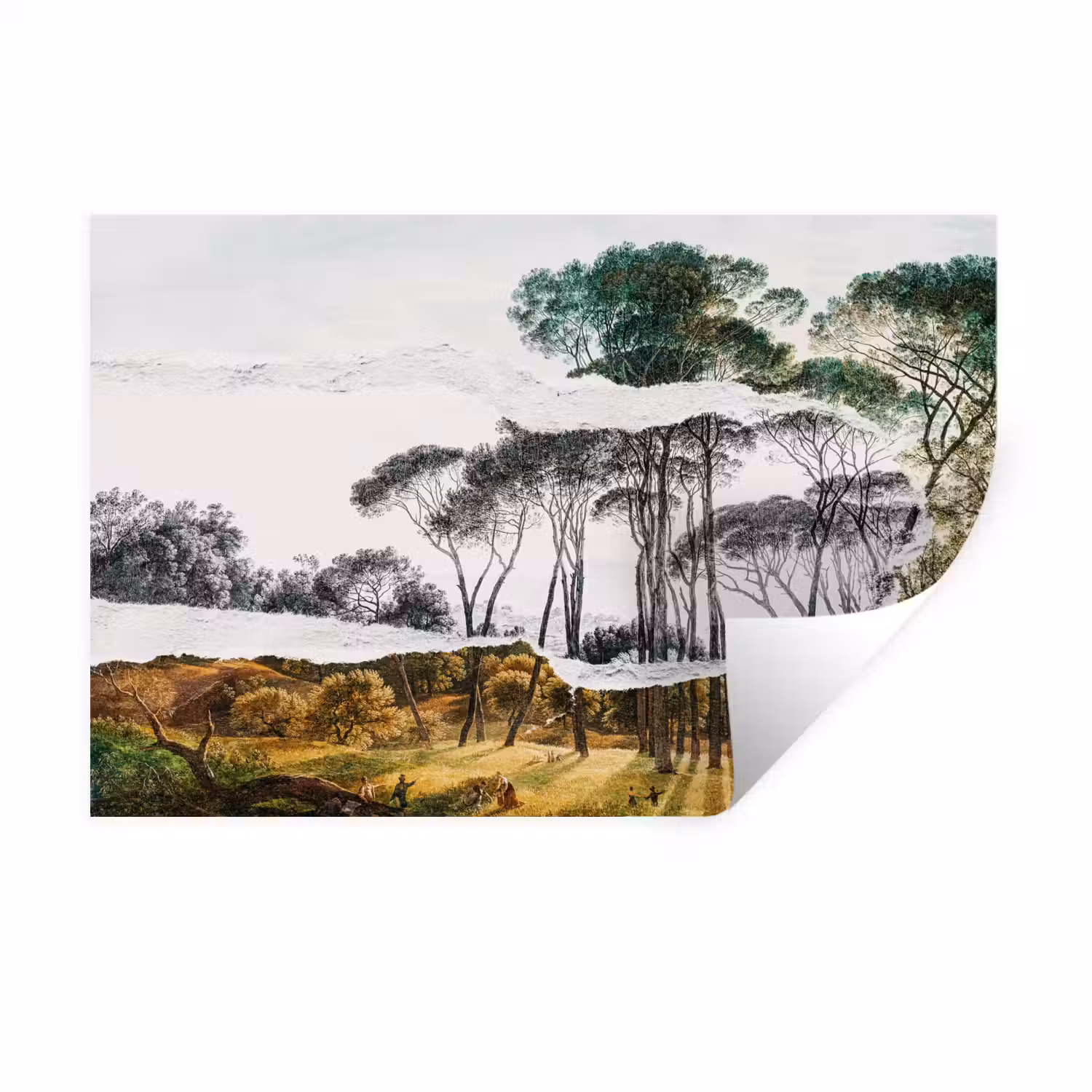 Italiaans landschap parasoldennen - Kunst - Hendrik Voogd - Schilderij - Zwart wit - Oude meesters Muursticker klein -3d
