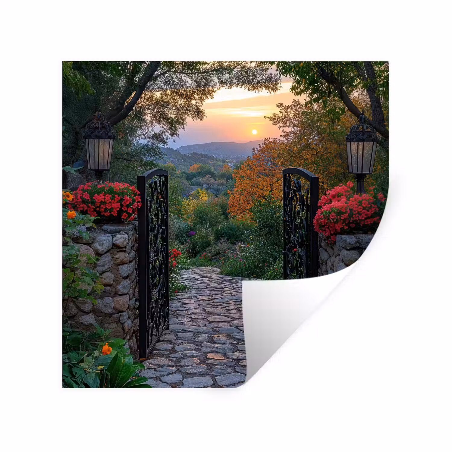 Landschap - Hek - Pad - Zonsondergang - Natuur Muursticker klein -3d