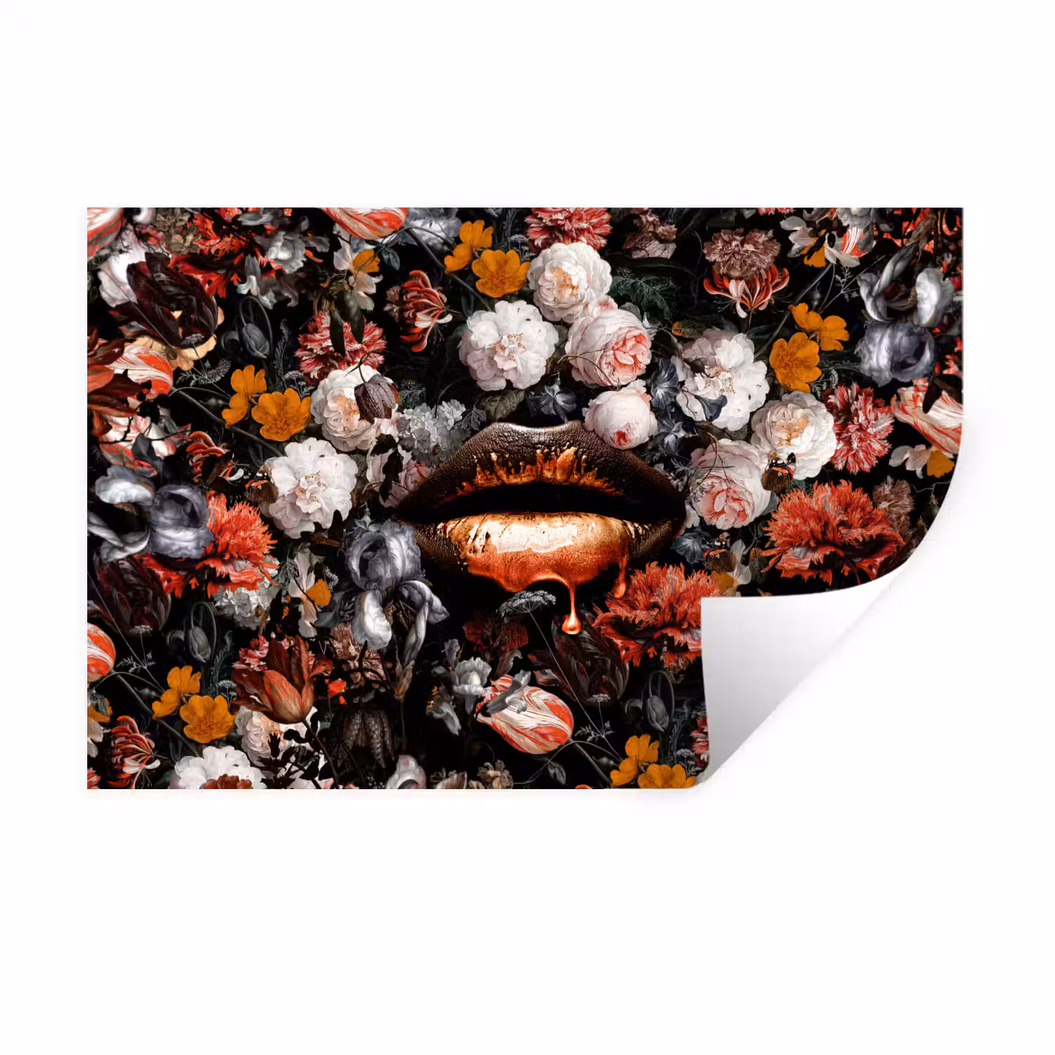 Lippen - Bloemen - Verf - Oranje - Kunst - Abstract - Oude meesters Muursticker klein -3d