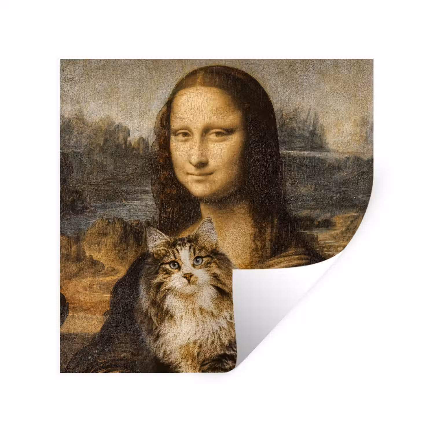 Mona Lisa - Kat - Leonardo da Vinci - Vintage - Kunstwerk - Oude meesters - Schilderij Muursticker klein -3d