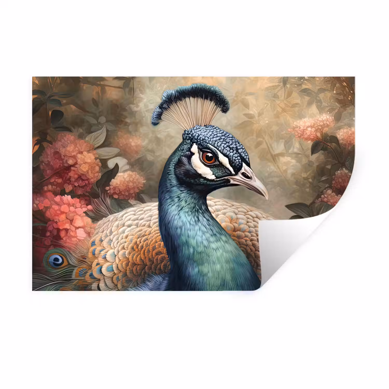Pauw - Vogel - Bloemen - Planten - Pauwenveren Muursticker klein -3d