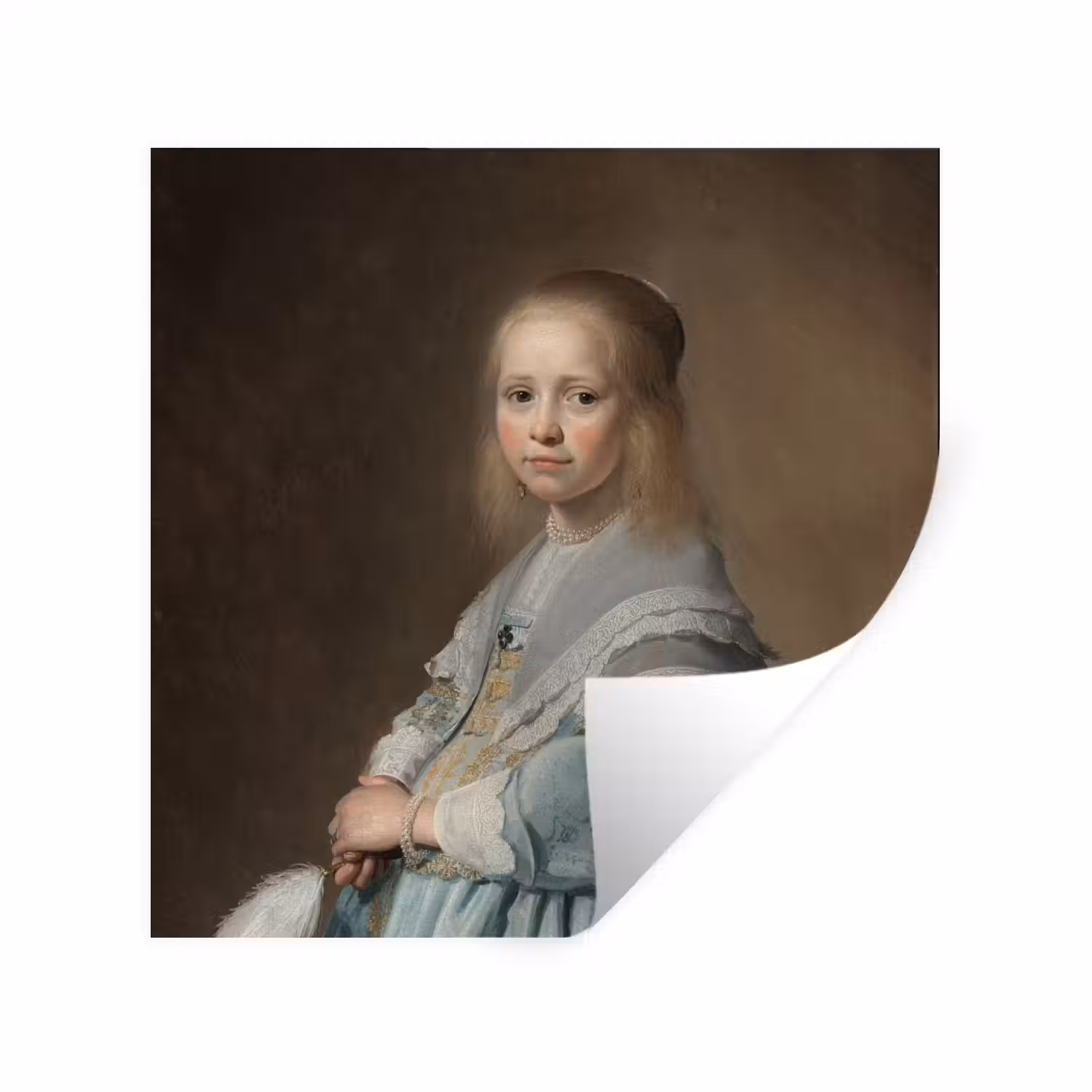 Portret van een meisje in het blauw - Schilderij van Johannes Cornelisz. Verspronck Muursticker klein -3d