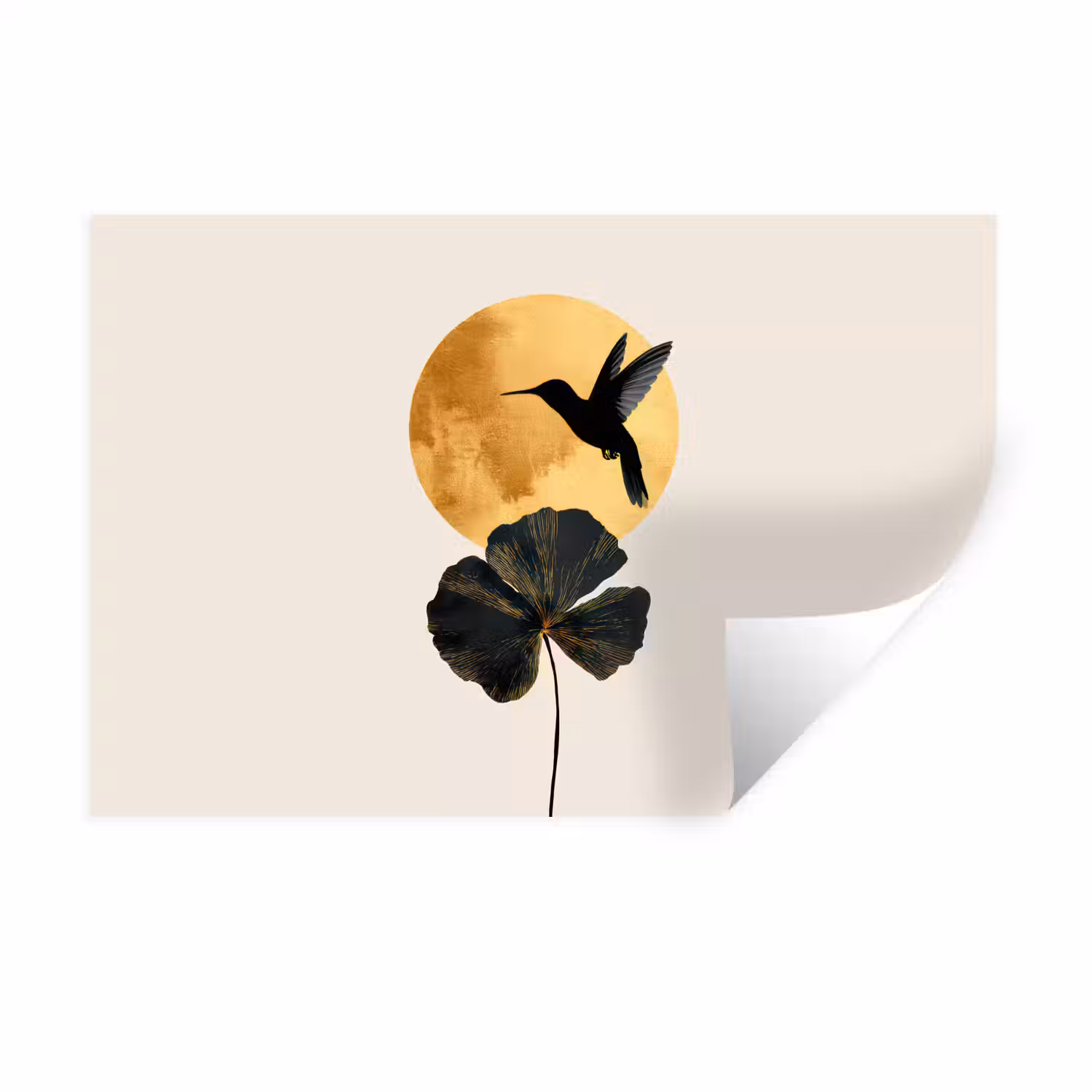 Zwarte kolibrie - Bloem - Gouden cirkel Muursticker klein -3d