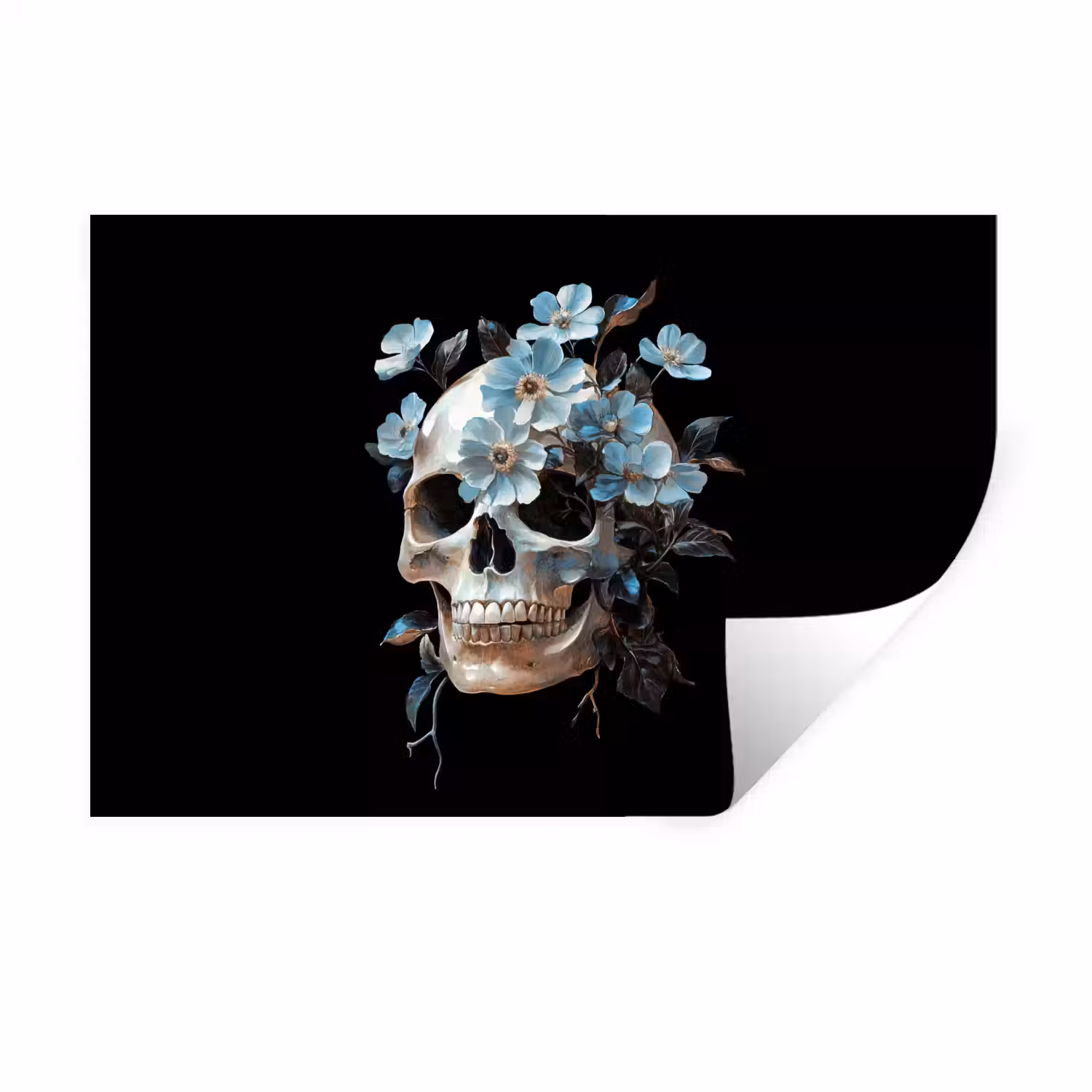 Schedel - Blauw - Bloemen - Bladeren Muursticker klein -3d