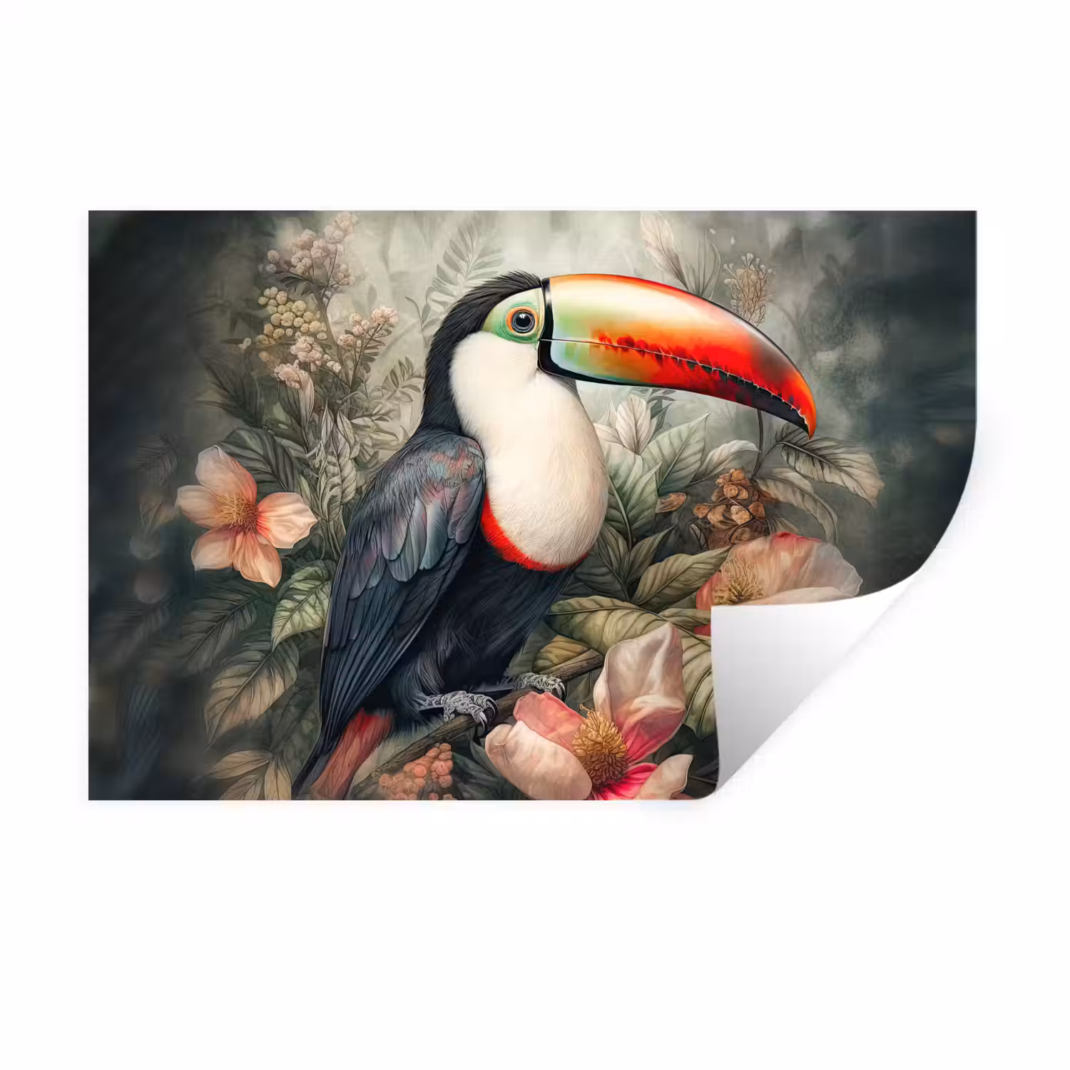 Toekan - Vogels - Bloemen - Planten - Tropisch Muursticker klein -3d