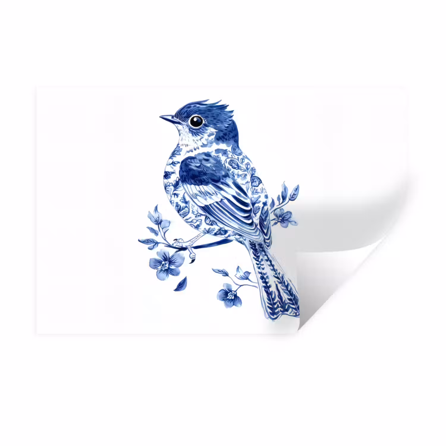Vogel - Delfts blauw - Illustratie - Bloemen Muursticker klein -3d