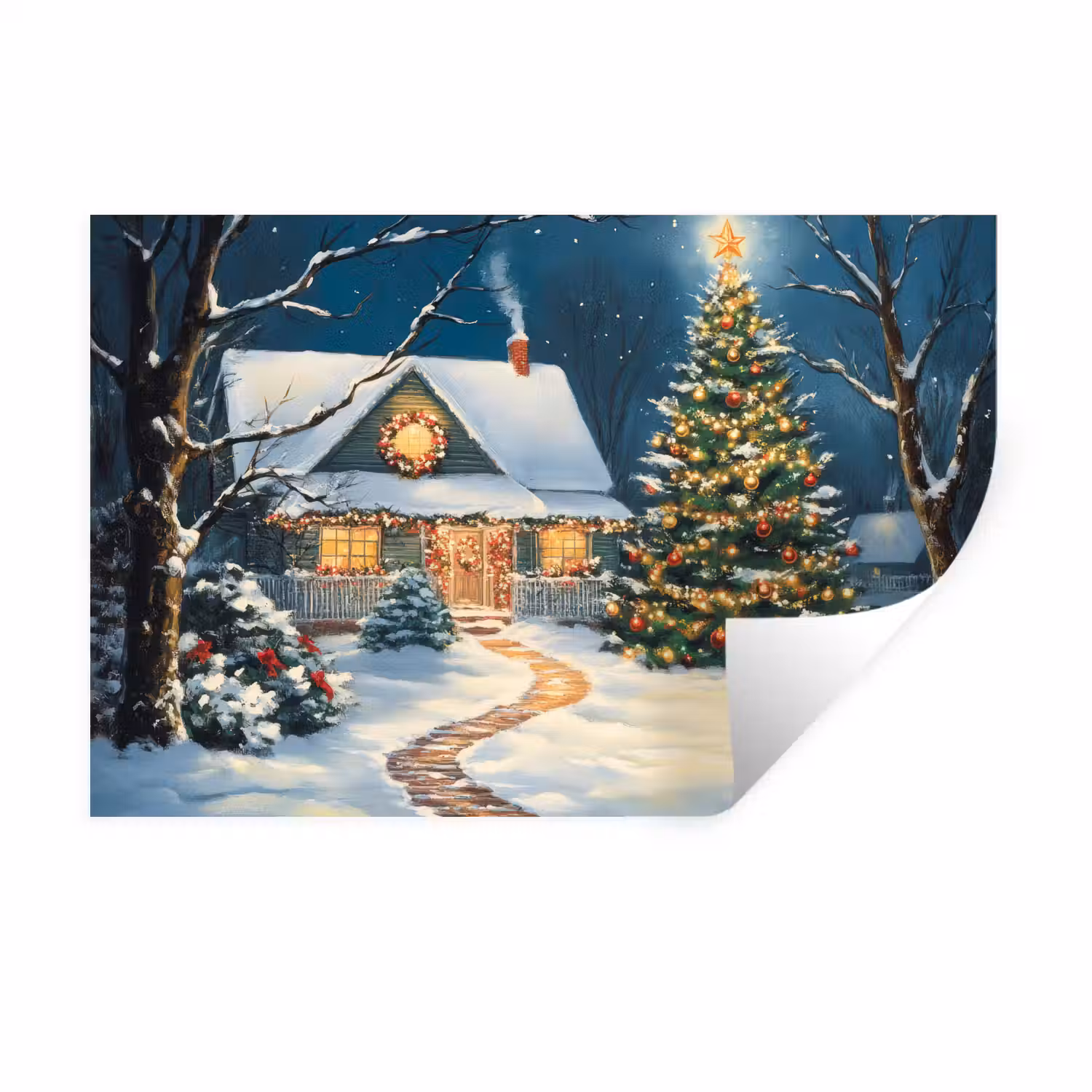 Kerst - Kerstboom - Winter - Huis - Sneeuw Muursticker klein -3d