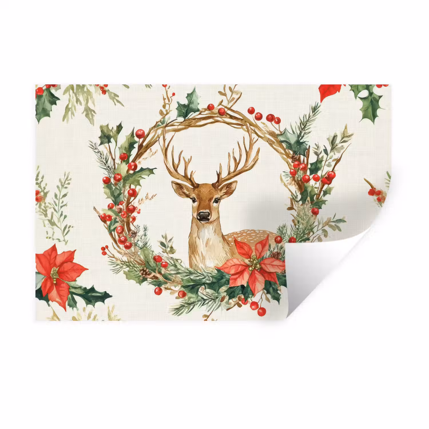 Kerstkrans - Hert - Hulst - Rood Muursticker klein -3d