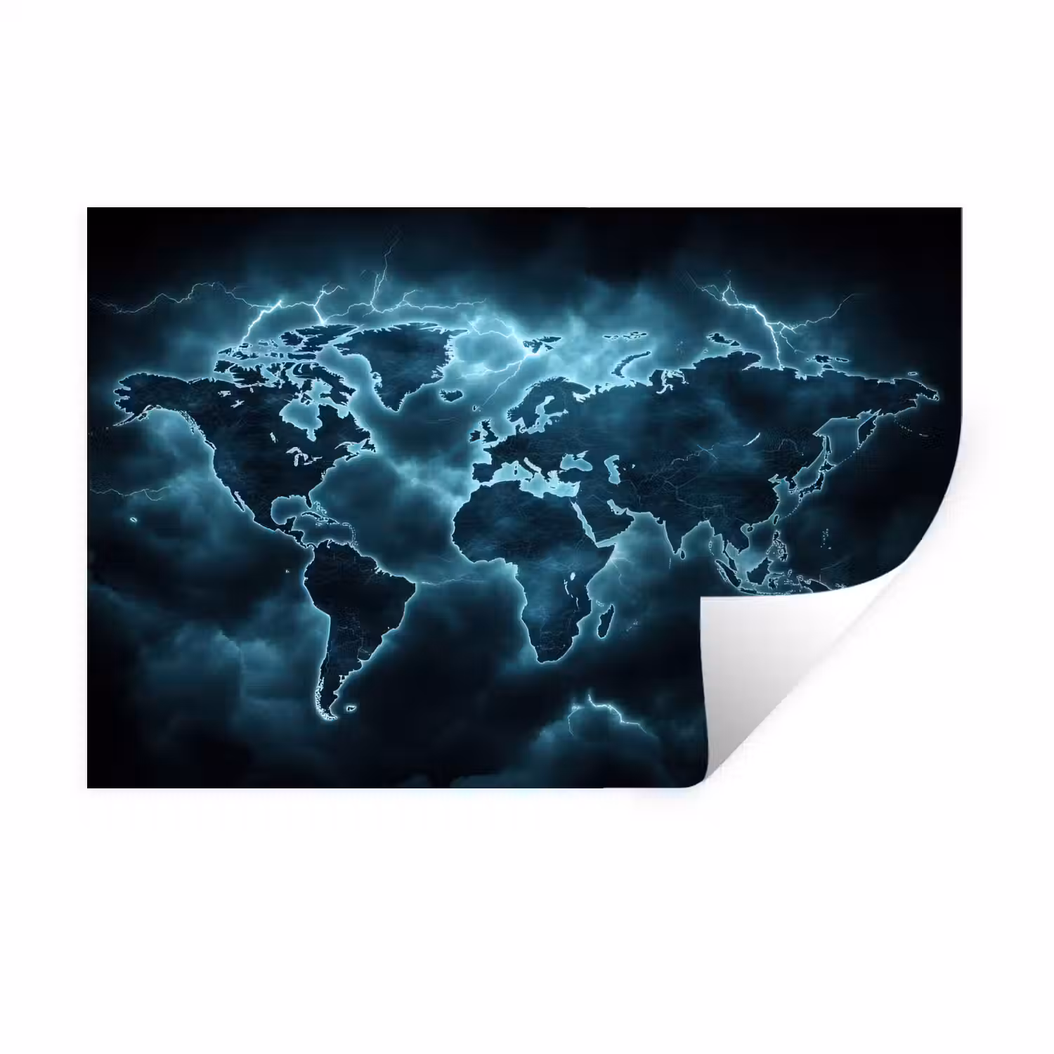 Wereldkaart - Bliksem - Blauw Muursticker klein -3d