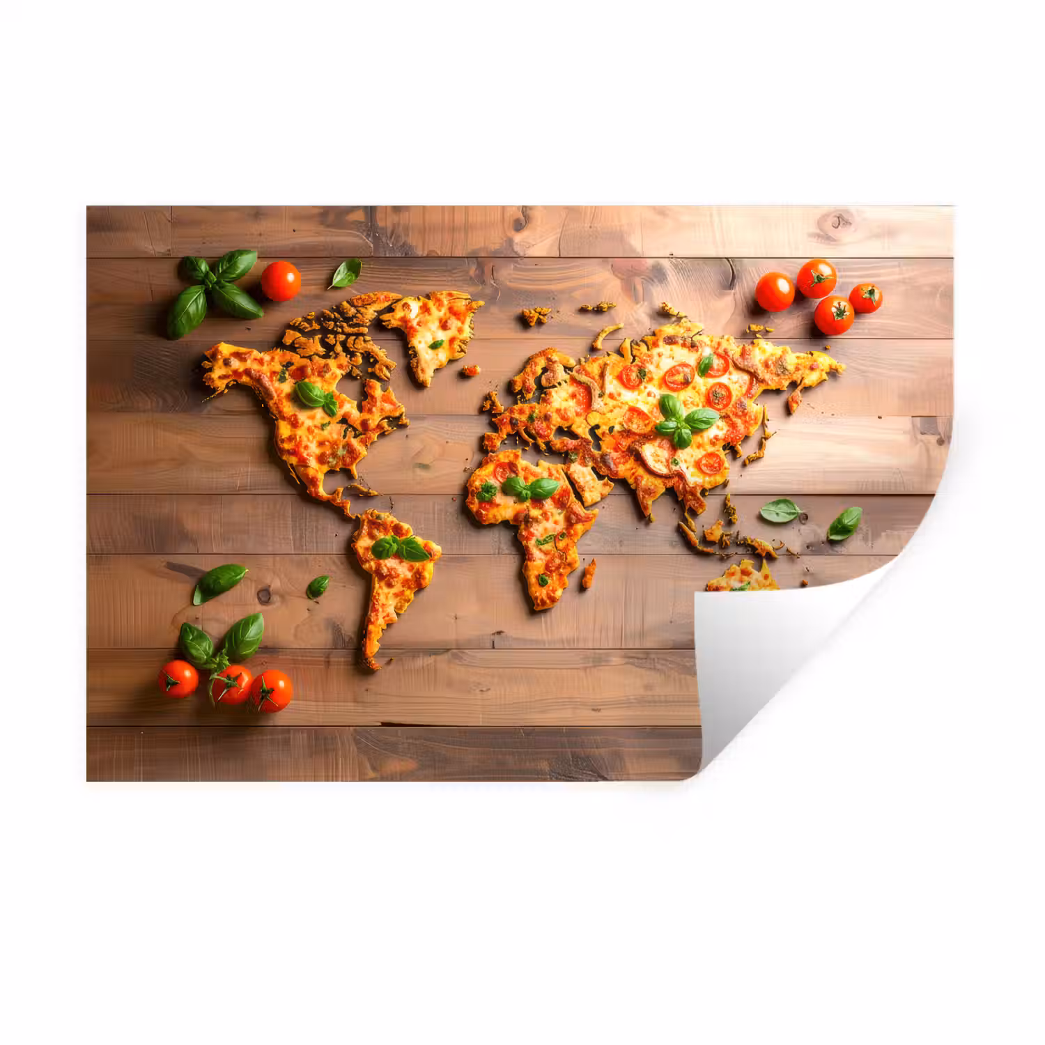 Wereldkaart - Pizza - Houten ondergrond Muursticker klein -3d