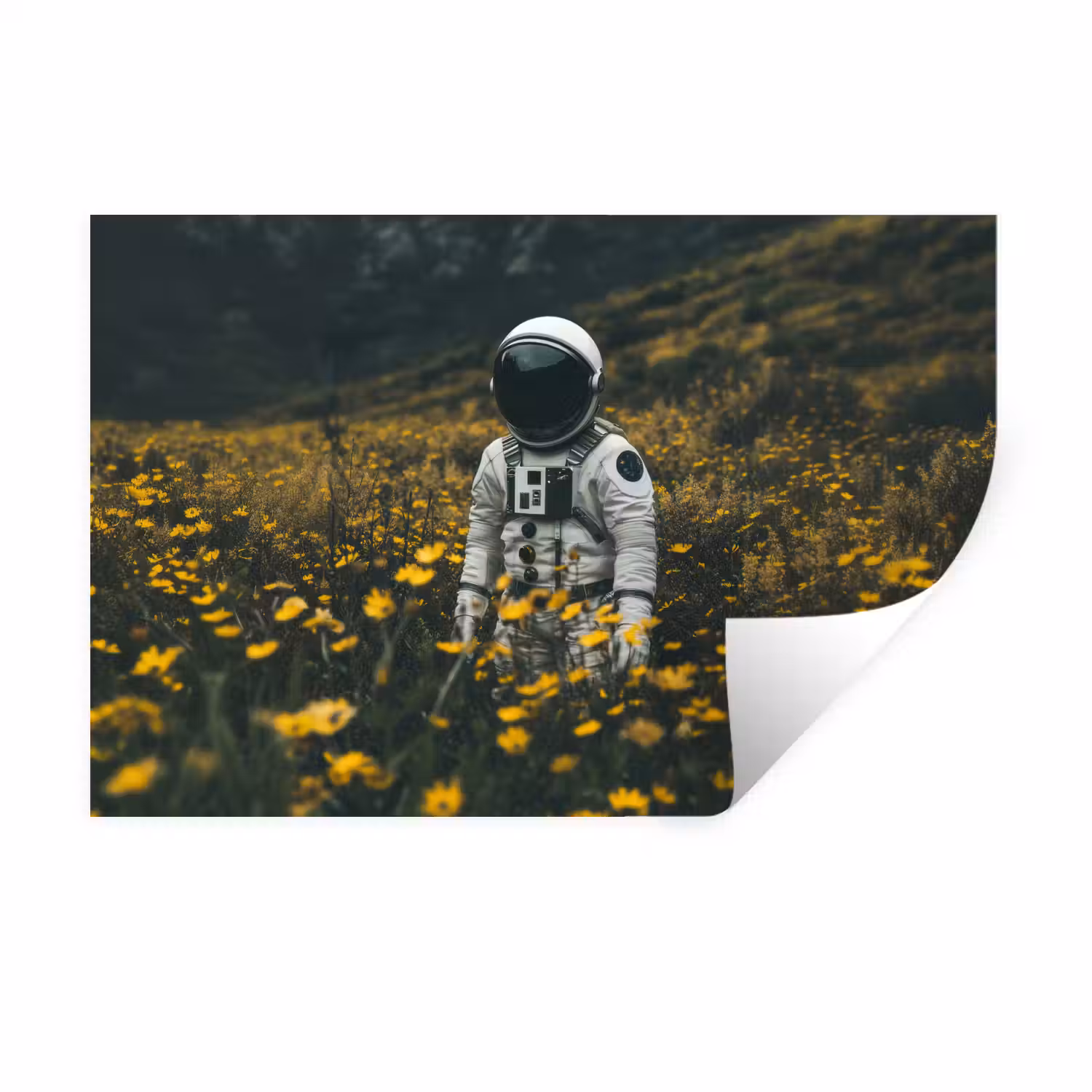 Astronaut - Bloemen - Veld - Geel Muursticker klein -3d