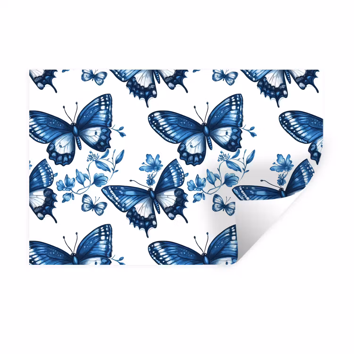 Blauw - Vlinders - Bloemen - Wit Muursticker klein 286 -3d