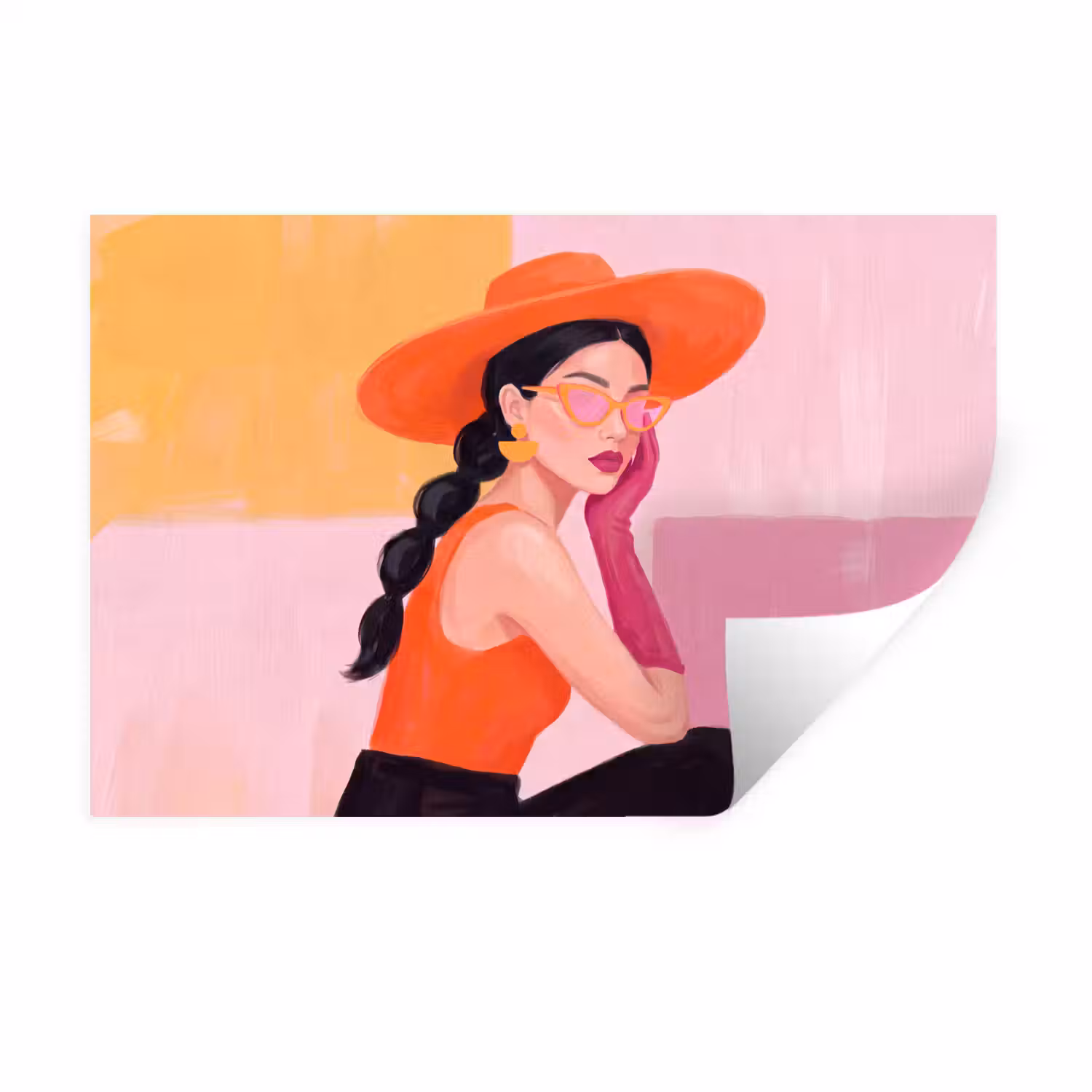 Vrouw - Hoed - Mode - Modern - Oranje Muursticker klein -3d