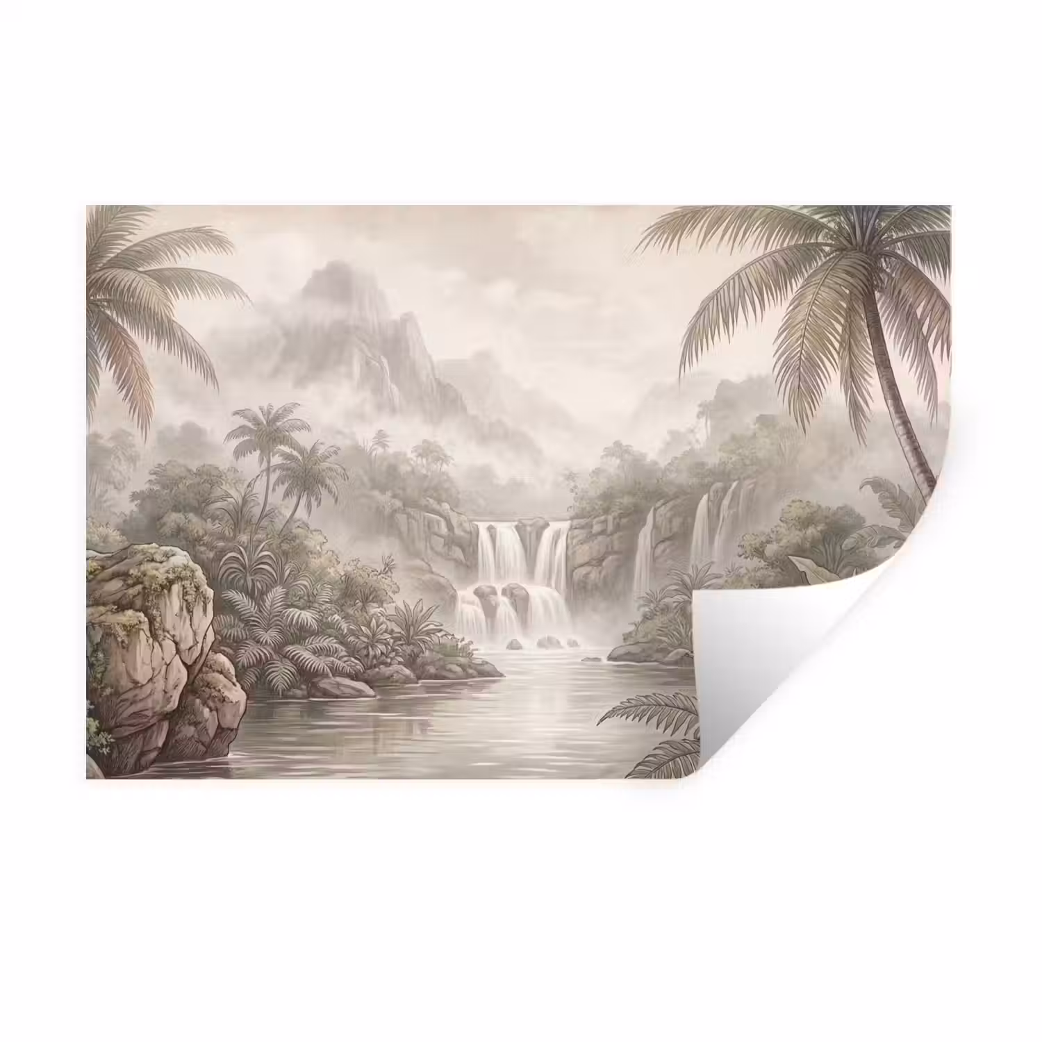 Jungle - Watervallen - Tropisch - Illustratie Muursticker klein -3d