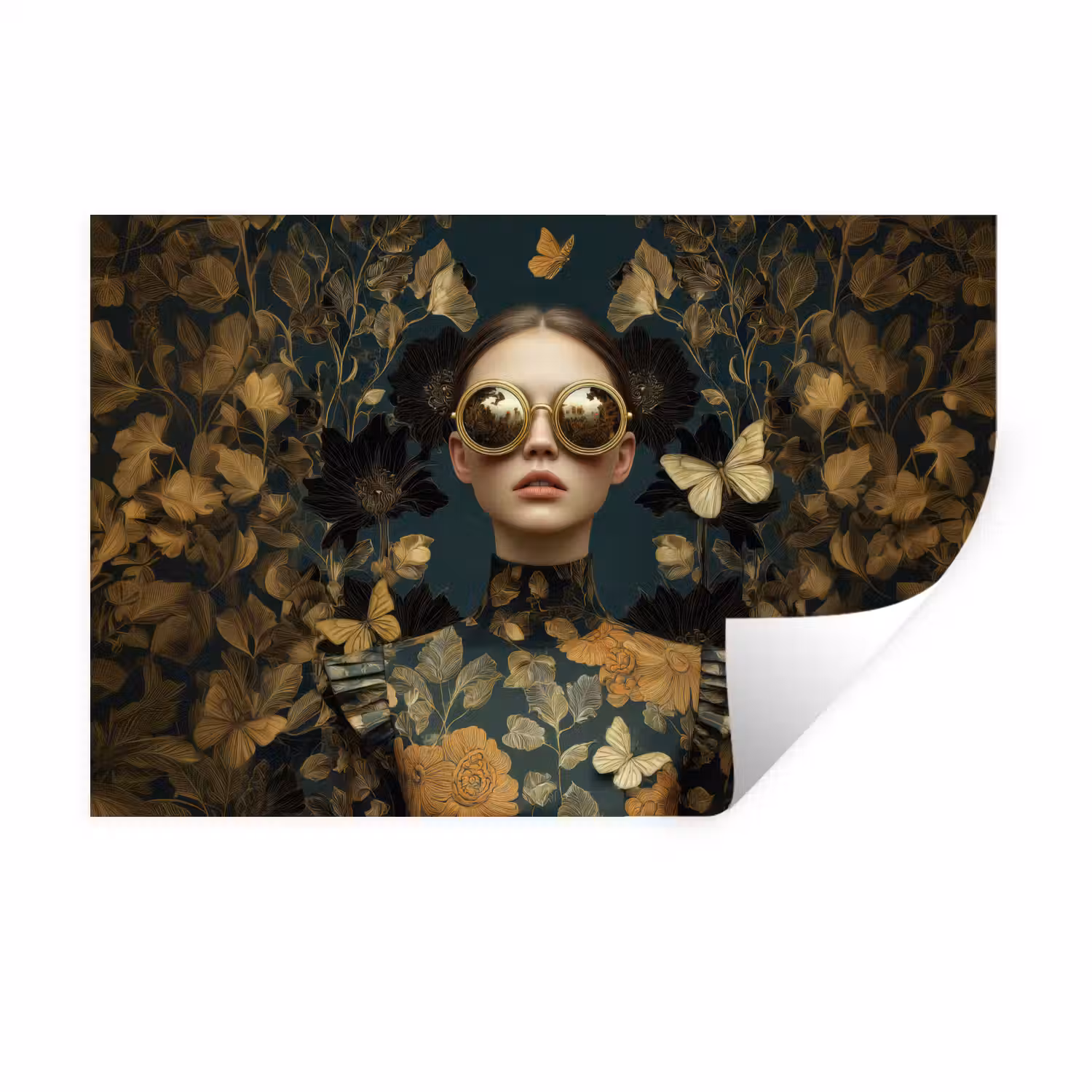 Vrouw - Bladeren - Goud - Vlinders Muursticker klein -3d