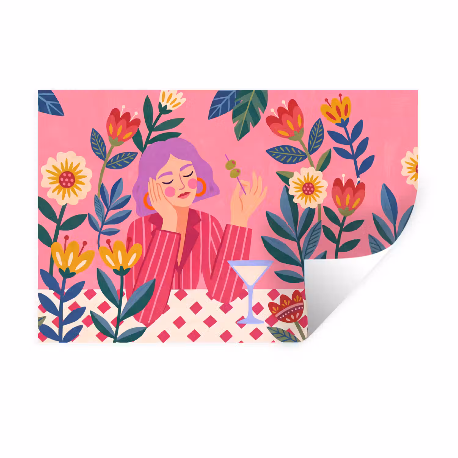 Vrouw - Cocktail - Bloemen - Modern - Roze Muursticker klein -3d