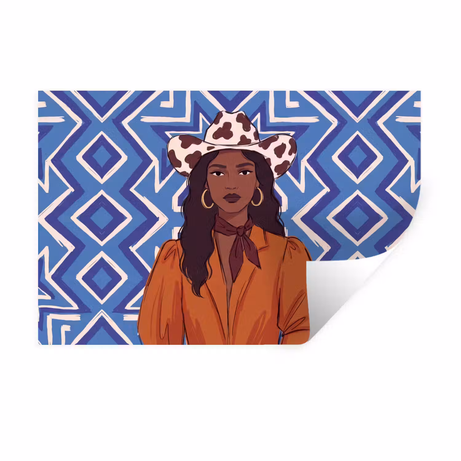 Vrouw - Cowboyhoed - Portret - Modern - Blauw Muursticker klein -3d
