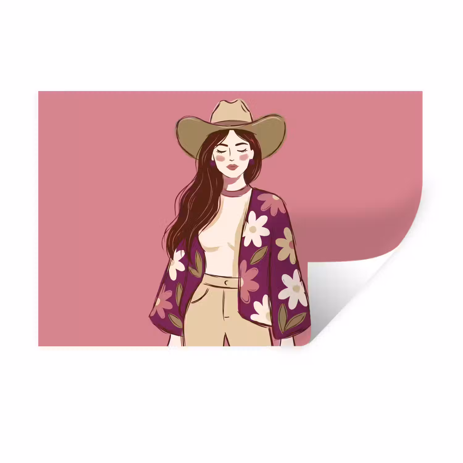 Vrouw - Hoed - Portret - Illustratie - Roze Muursticker klein -3d