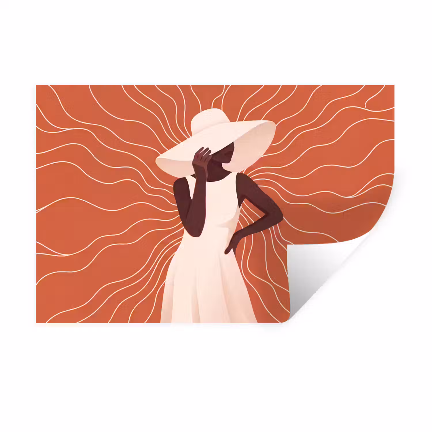Vrouw - Hoed - Portret - Modern - Beige Muursticker klein -3d