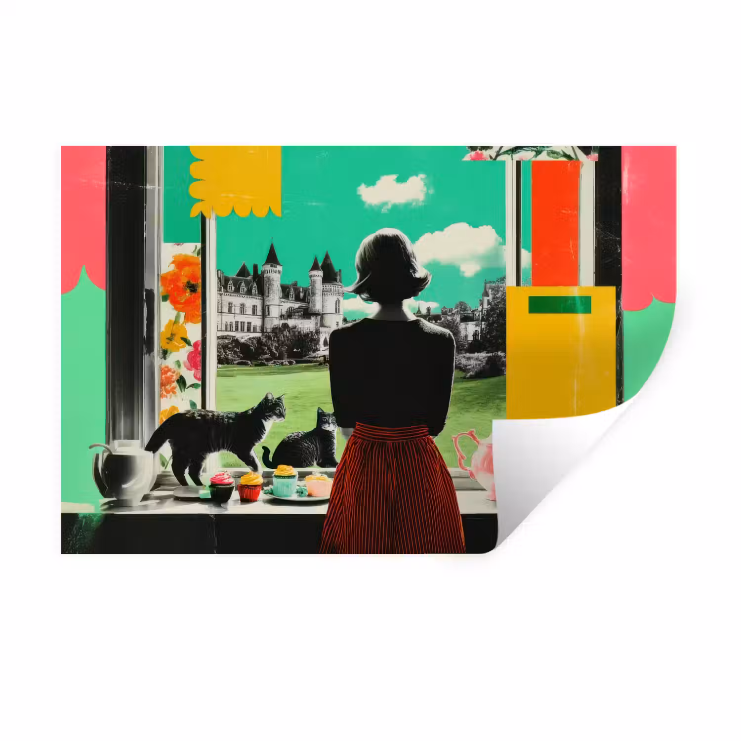 Vrouw - Keuken - Katten - Doorkijk Muursticker klein -3d