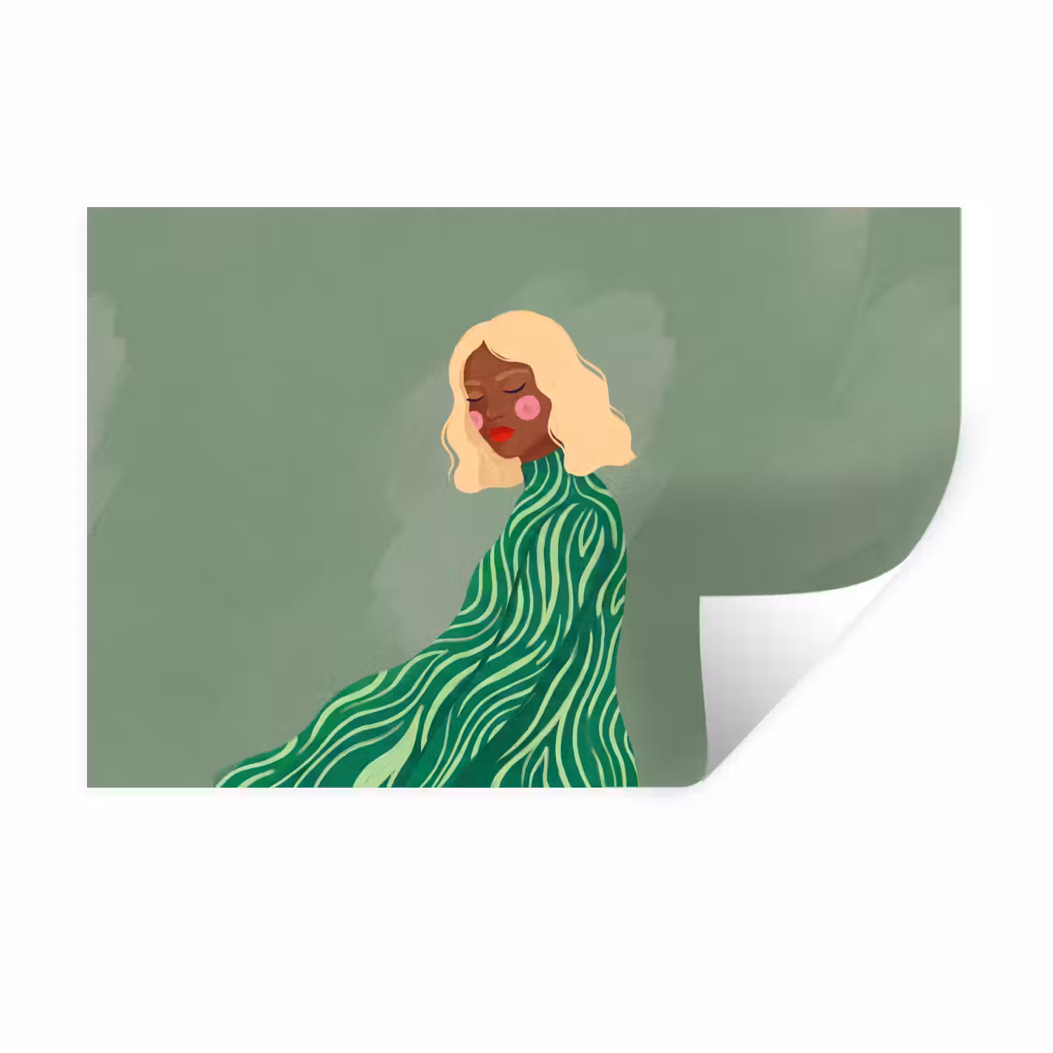 Vrouw - Portret - Illustratie - Modern - Groen Muursticker klein -3d