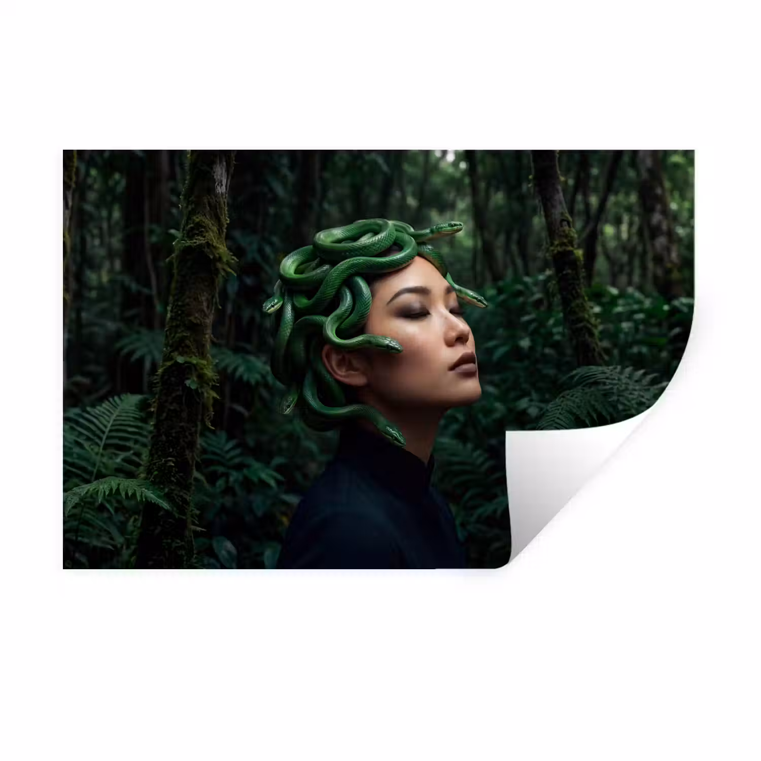 Vrouw - Slang - Natuur - Mystiek - Groen Muursticker klein -3d