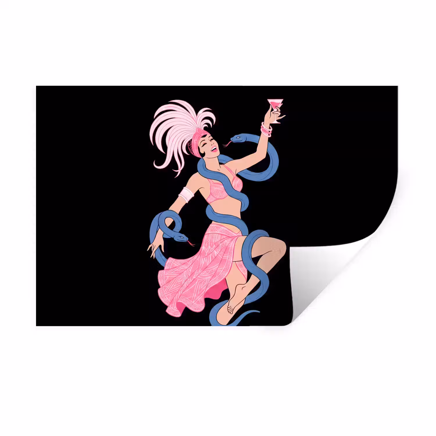 Vrouw - Danseres - Slangen - Art Deco - Roze Muursticker klein -3d